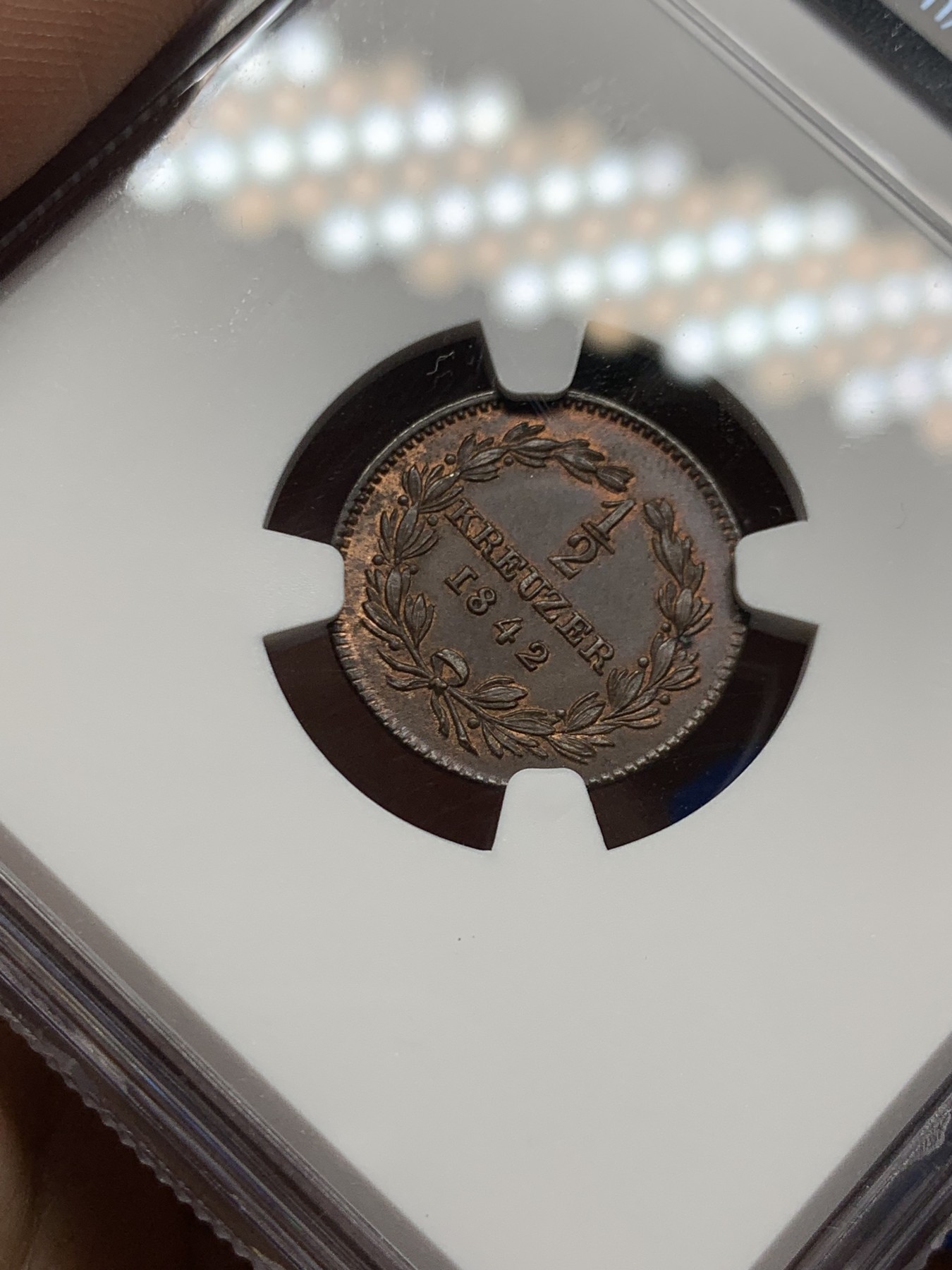 《竞宝斋》第263场-周日，周一 2场连拍 (全场包邮) NGC MS64BN 德国巴登1842年1/2克鲁泽 铜光犹在