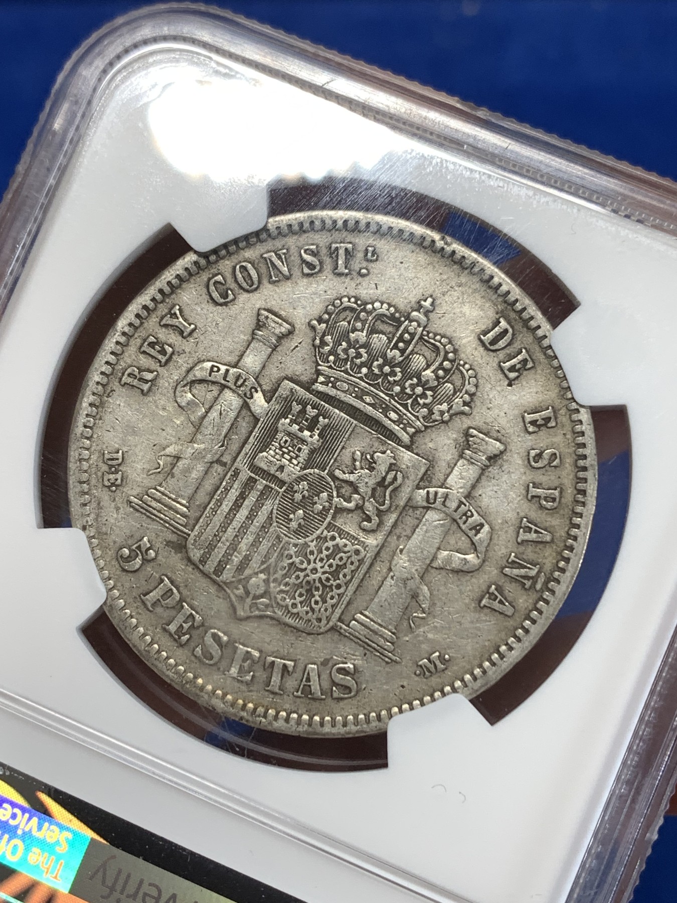 《竞宝斋》第263场-周日，周一 2场连拍 (全场包邮) NGC XF45 西班牙 1878年 阿方索十二世 5比塞塔 银币 原味好品