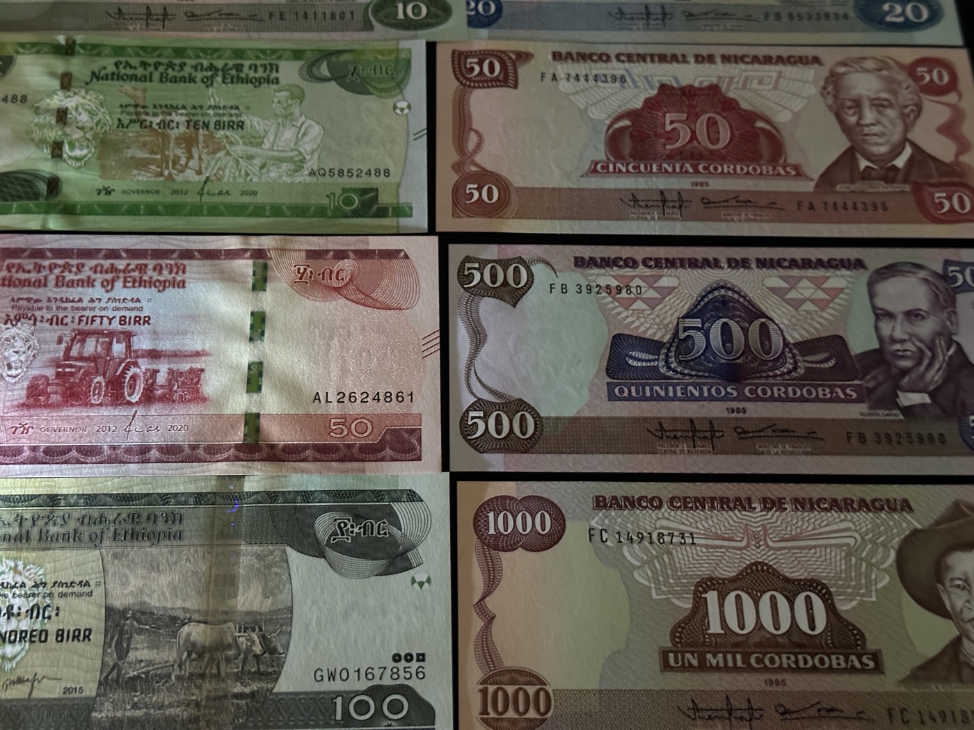 《外钞收藏家》第三百六十五期（连拍第二场） 埃塞俄比亚 7张+尼加拉瓜5张一起 全新UNC