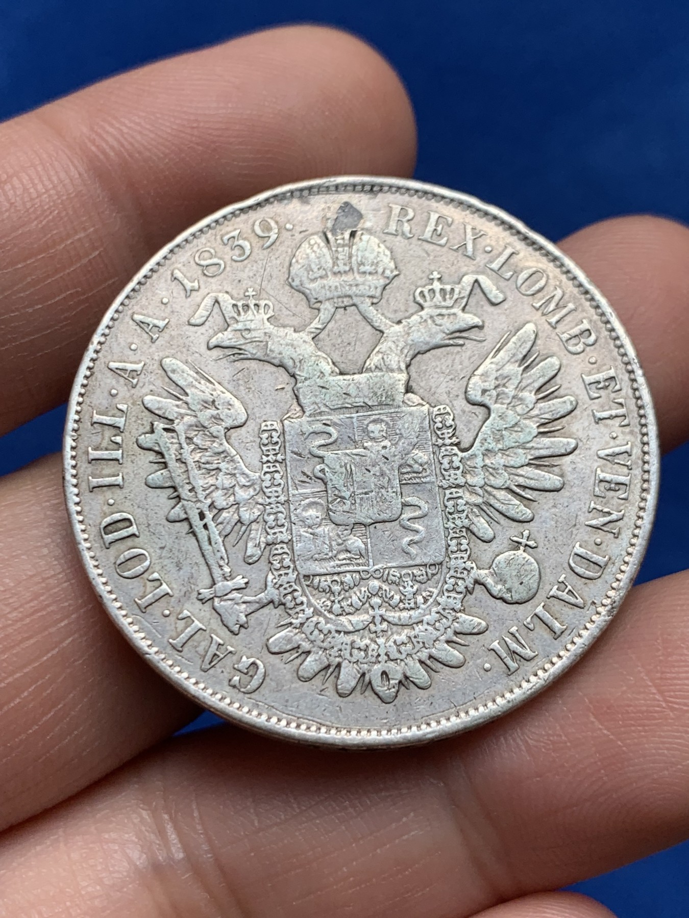 《竞宝斋》第263场-周日，周一 2场连拍 (全场包邮) 奥占意大利伦巴第 1839年 斐迪南一世 1斯库多大银币 铸量未知 极为罕见 12点处有打孔修补痕迹