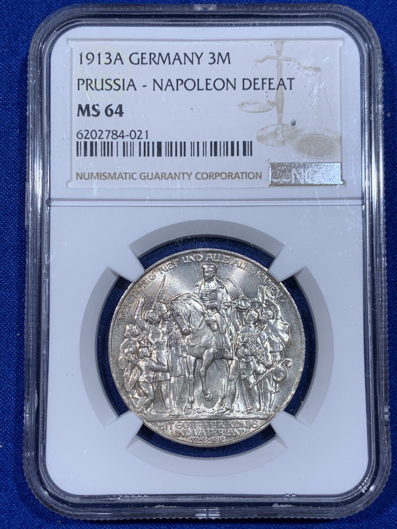 《竞宝斋》第263场-周日，周一 2场连拍 (全场包邮) NGC MS64 德国 1913年 战胜拿破仑3马克银币 十字转光强烈