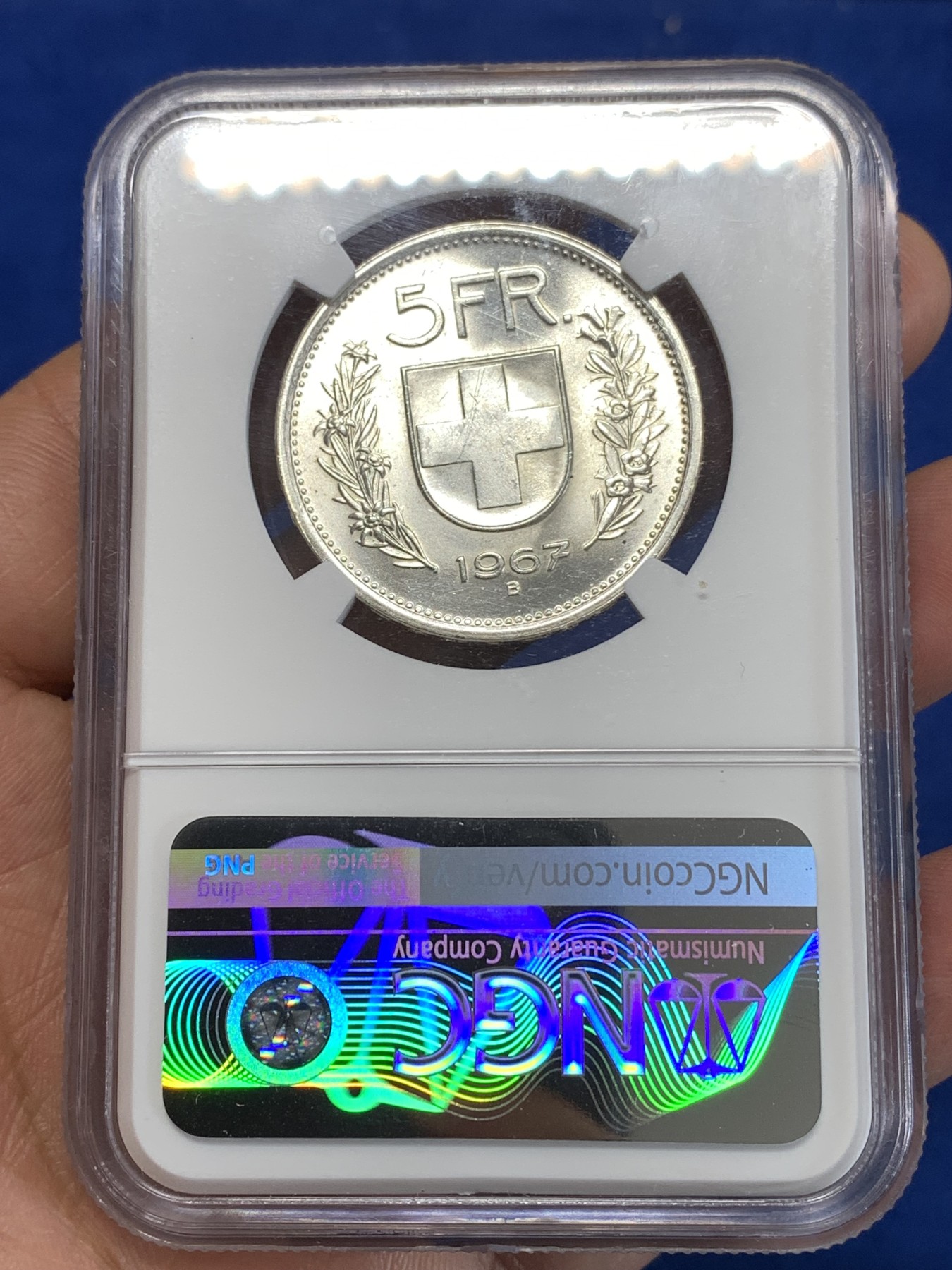 《竞宝斋》第263场-周日，周一 2场连拍 (全场包邮) NGC MS65 瑞士1967年5法郎银币