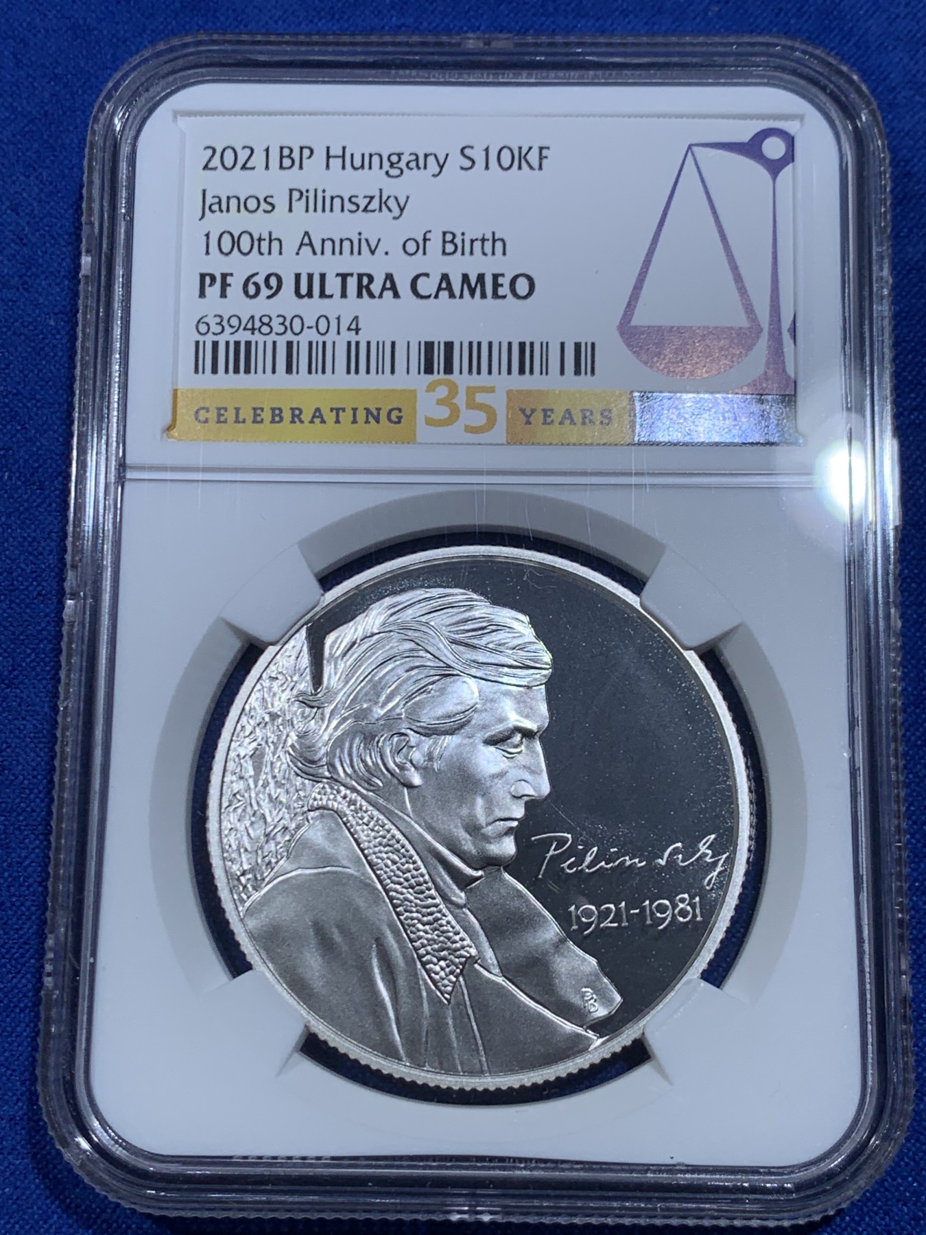 《竞宝斋》第263场-周日，周一 2场连拍 (全场包邮) NGC PF69UC 匈牙利2021年发行亚诺什.皮林斯基诞辰百年10000福林银币（16届硬币之星获奖币-最佳艺术解决方案第一名，限量发行4000枚） NGC35周年标