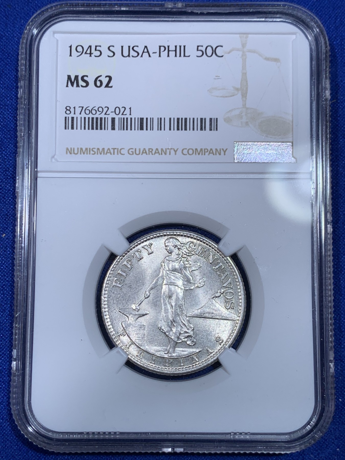 《竞宝斋》第263场-周日，周一 2场连拍 (全场包邮) NGC MS62 美属菲律宾1945年打铁女神50分银币