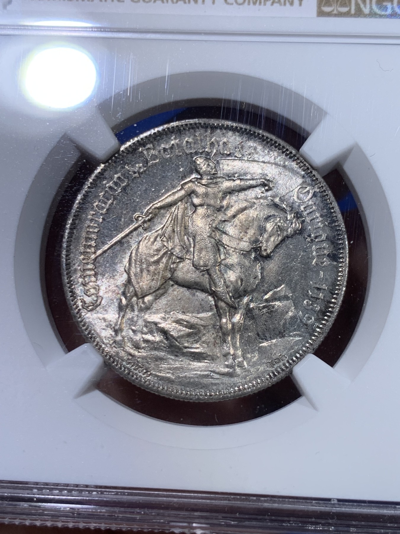 《竞宝斋》第263场-周日，周一 2场连拍 (全场包邮) NGC MS64 葡萄牙1928年奥里基战役10埃斯库多纪念银币，蓝灰色包浆，状态一流