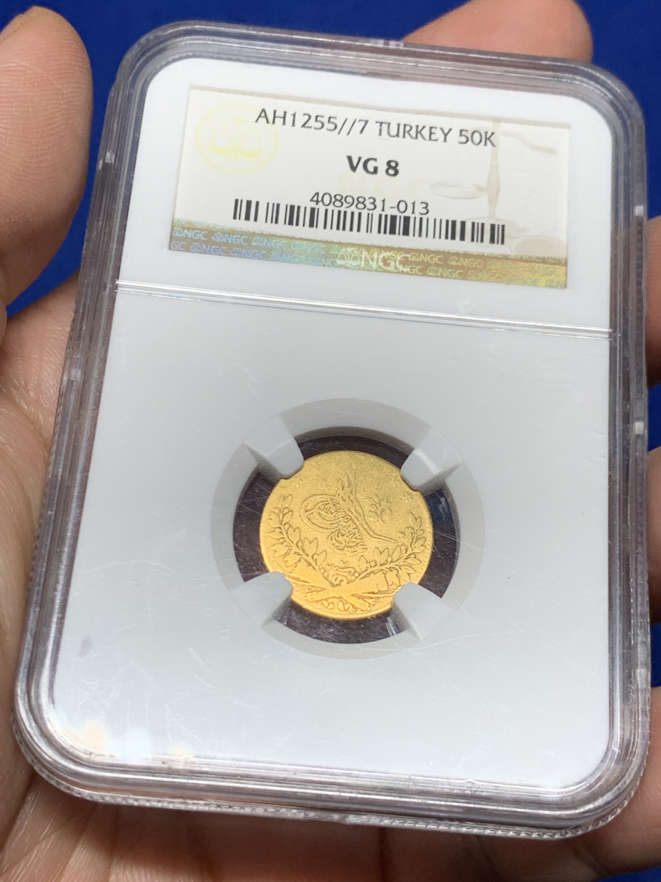 《竞宝斋》第263场-周日，周一 2场连拍 (全场包邮) NGC VG8 奥斯曼帝国 AH1255 (1845) 君士坦丁堡 50K金币 3.6克 自然流通的品质
