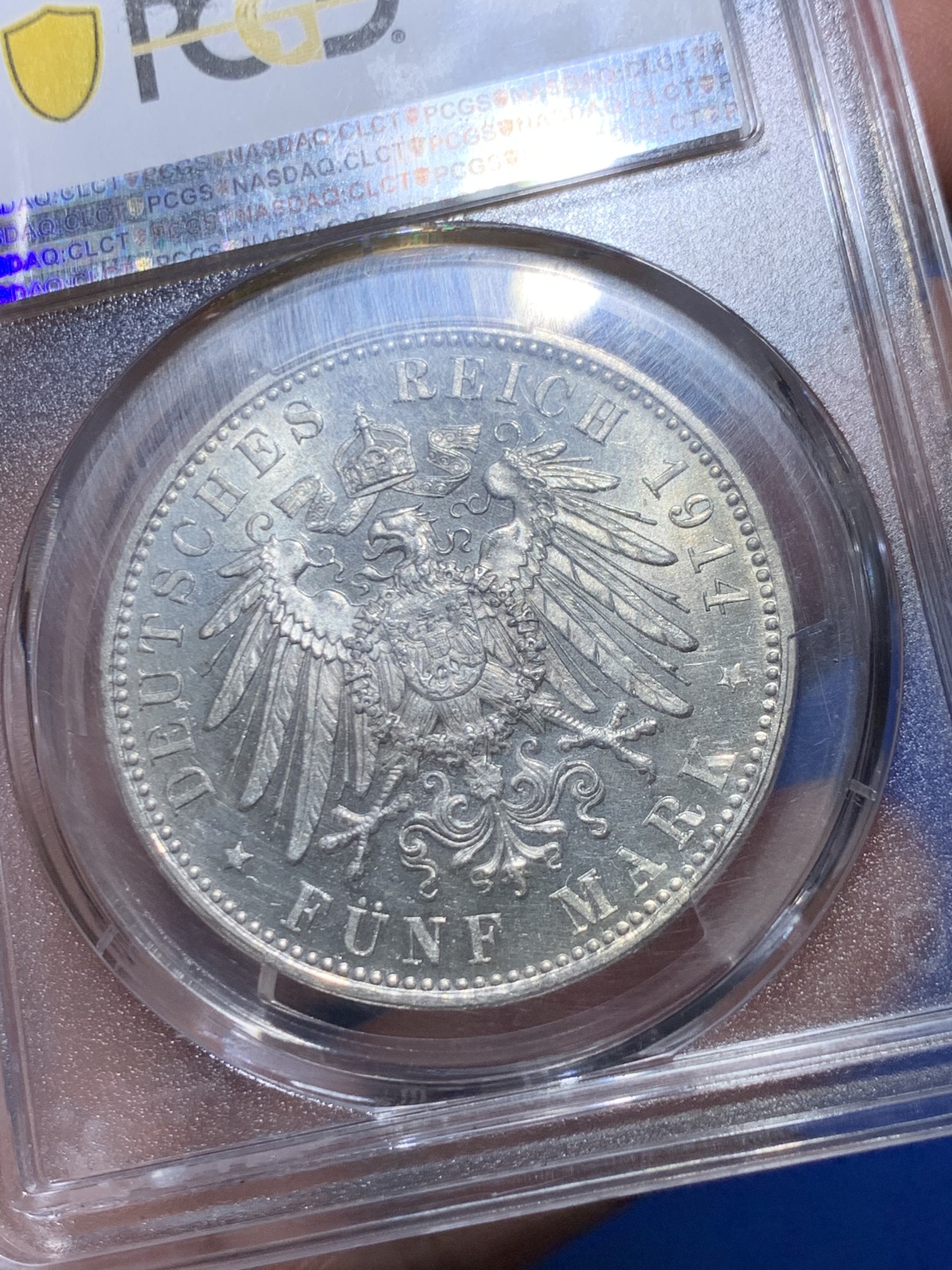 《竞宝斋》第263场-周日，周一 2场连拍 (全场包邮) PCGS MS62 德国1914巴伐利亚 路德维希三世5马克银币，MS62高分难得，少见品种 细节见图