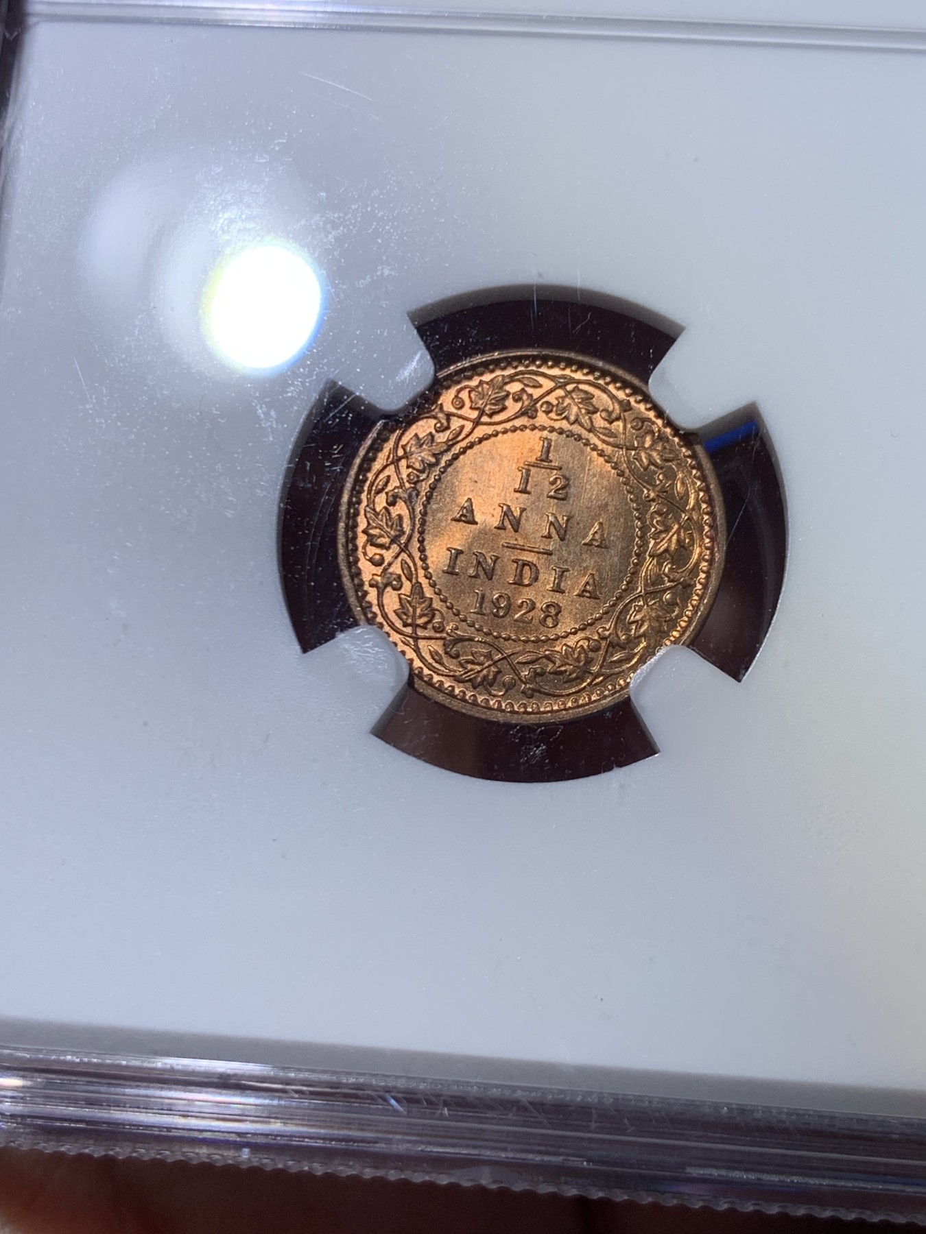 《竞宝斋》第263场-周日，周一 2场连拍 (全场包邮) NGC MS66RB 英属印度 1928（C）1/12A 铜币