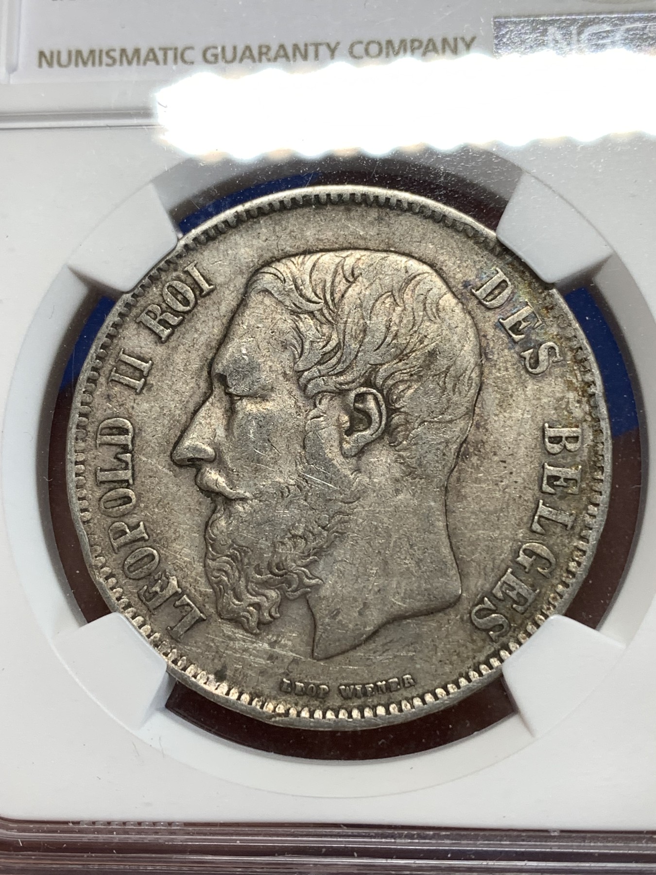 《竞宝斋》第263场-周日，周一 2场连拍 (全场包邮) NGC VFD 比利时 1869年 利奥波德二世 5法郎 银币 原味包浆