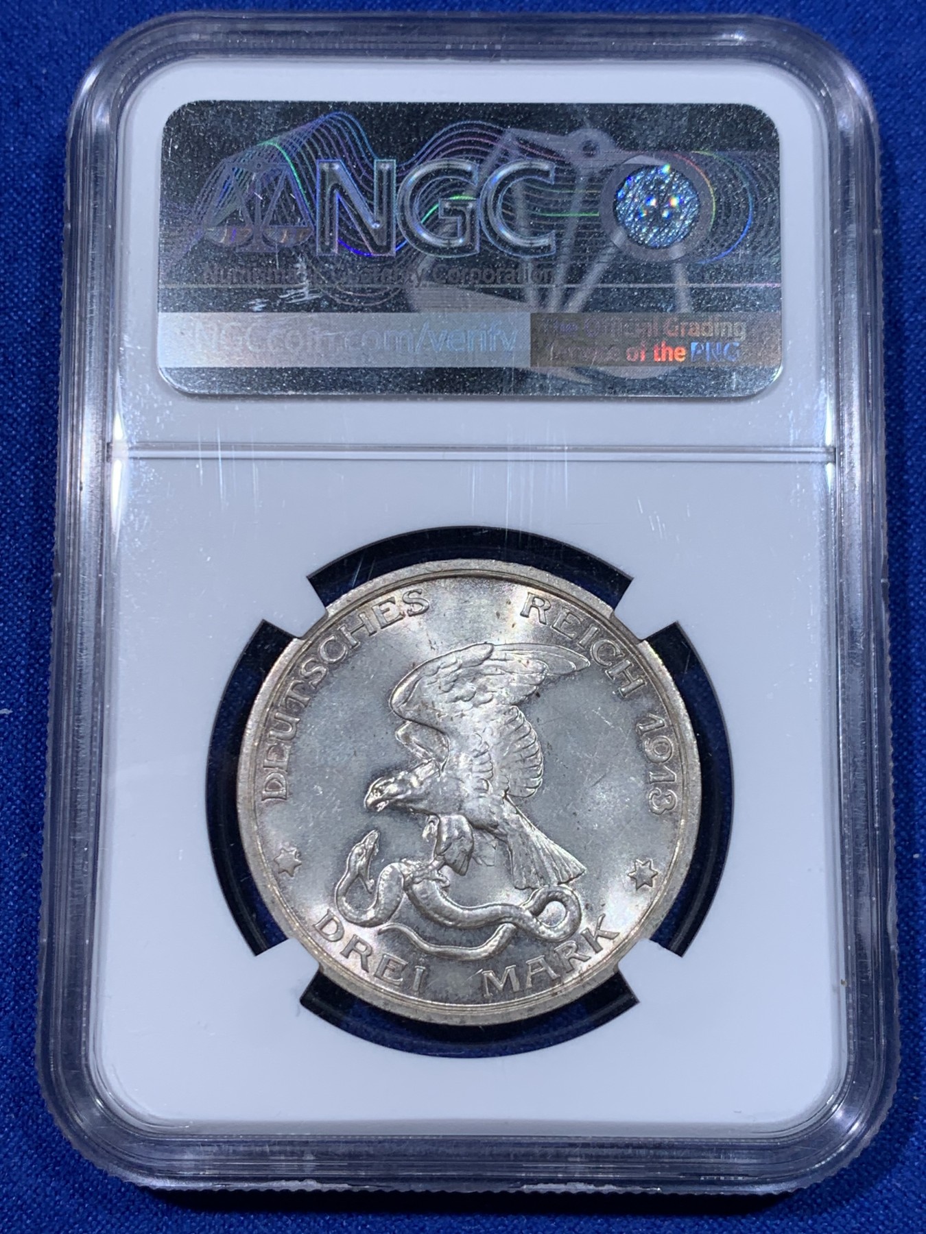 《竞宝斋》第263场-周日，周一 2场连拍 (全场包邮) NGC MS64 德国 1913年 战胜拿破仑3马克银币 十字转光强烈