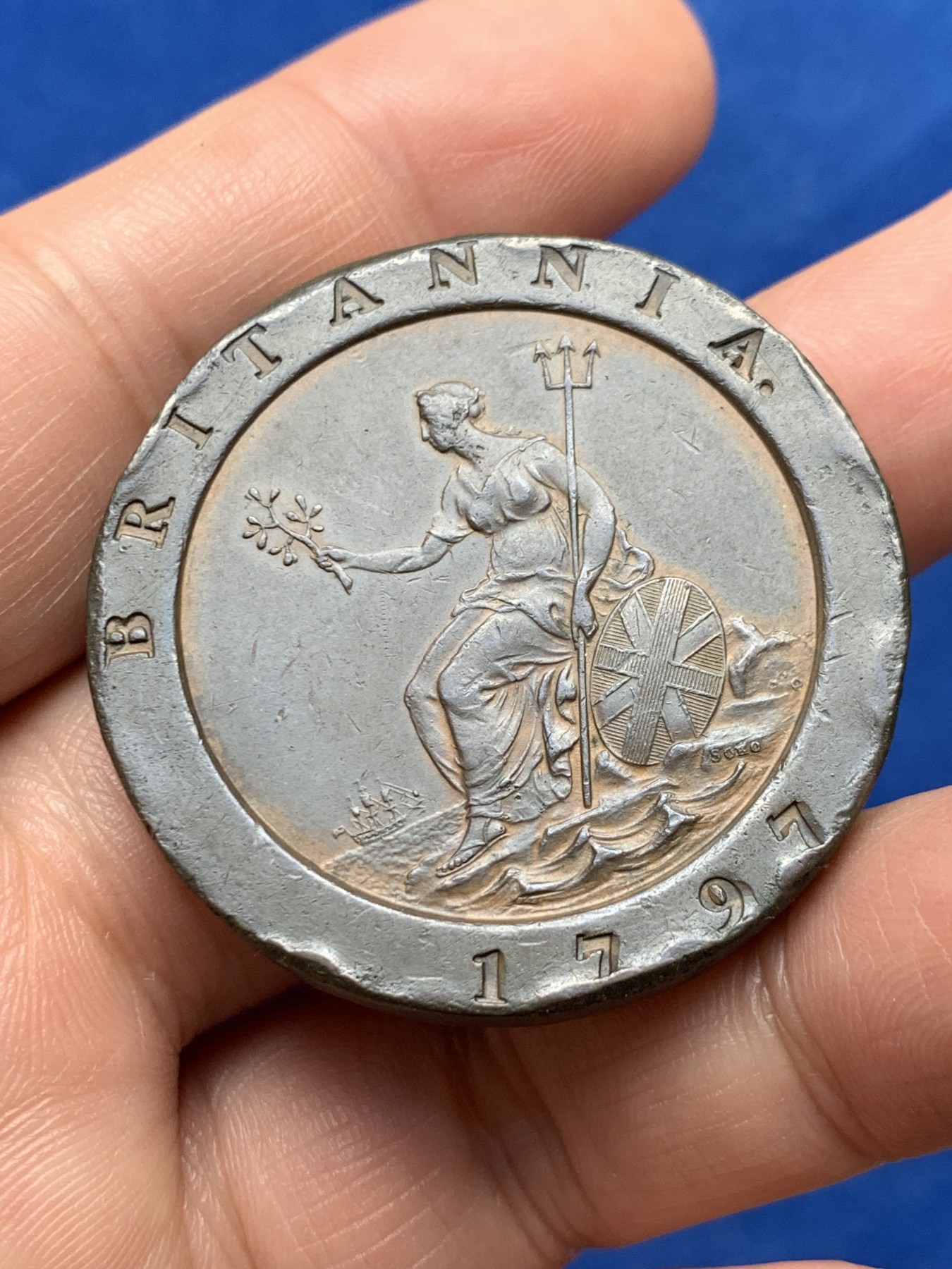 《竞宝斋》第263场-周日，周一 2场连拍 (全场包邮) 1797年 英国车轮两便士铜币 细节清晰 SOHO造币厂经典品种 世界上第一批蒸汽机铸币