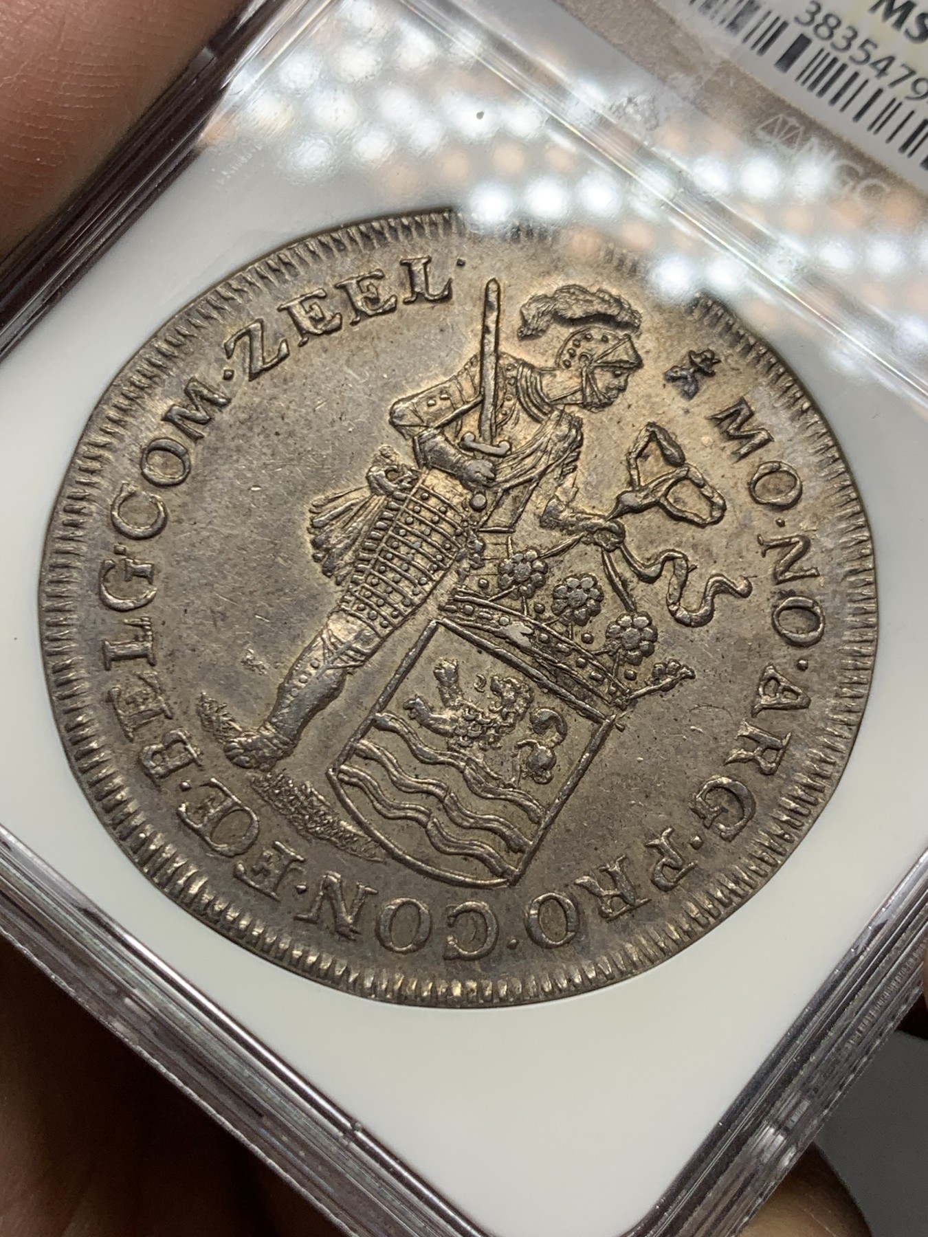 《竞宝斋》第263场-周日，周一 2场连拍 (全场包邮) NGC MS62 荷兰 1748 泽兰省 执剑武士 2杜卡特 大银币 56.5克超重规格 双面深打值得入藏