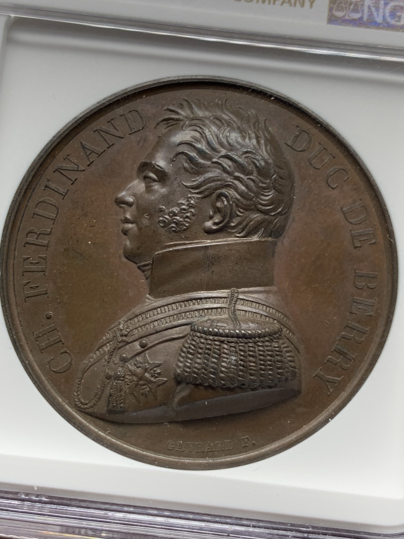 《竞宝斋》第263场-周日，周一 2场连拍 (全场包邮) NGC MS63BN 法国1815查尔斯·费迪南德铜章 高浮雕 加厚盒 细节好