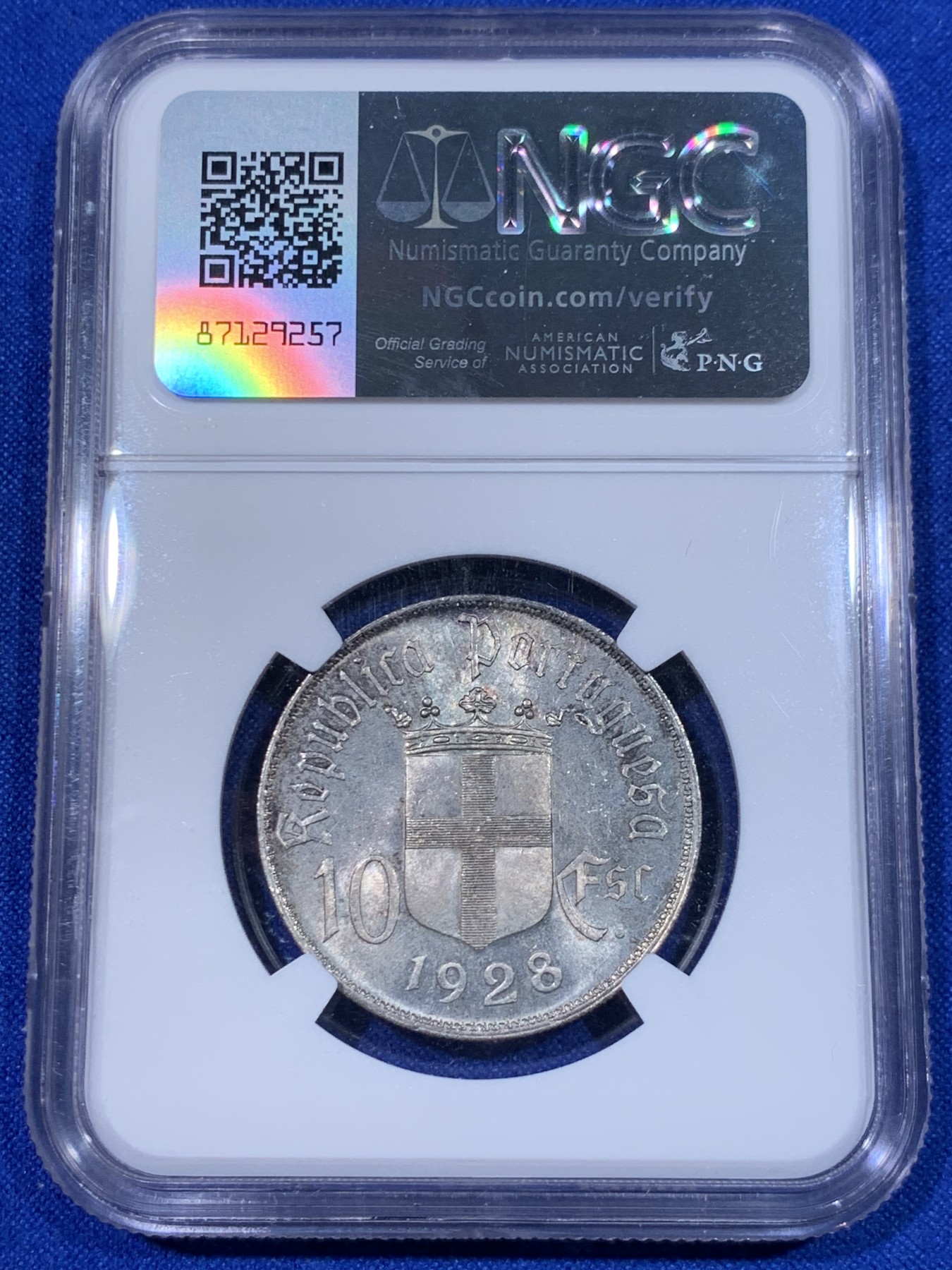 《竞宝斋》第263场-周日，周一 2场连拍 (全场包邮) NGC MS64 葡萄牙1928年奥里基战役10埃斯库多纪念银币，蓝灰色包浆，状态一流