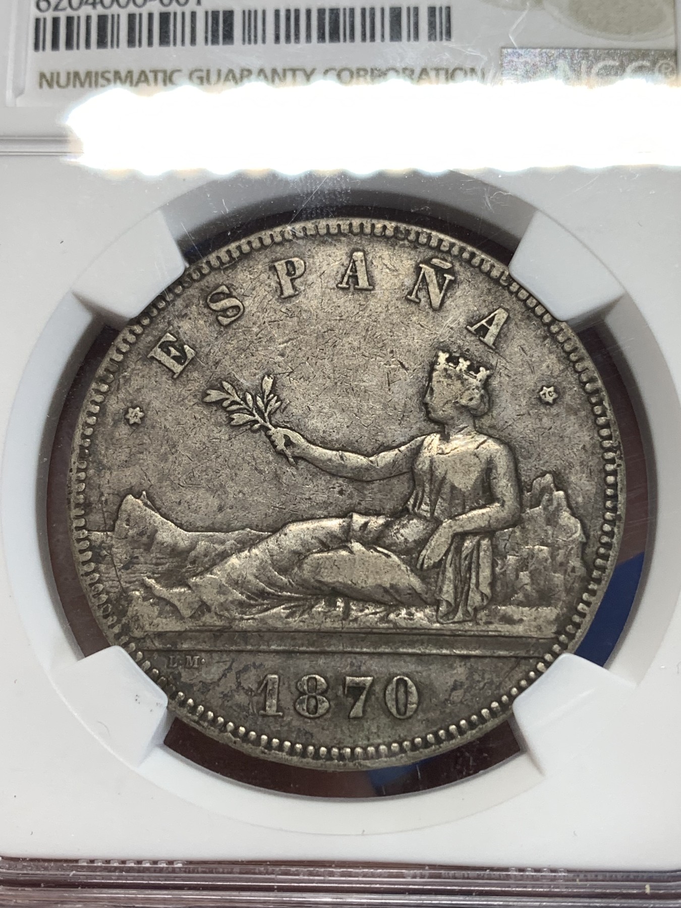 《竞宝斋》第263场-周日，周一 2场连拍 (全场包邮) NGC VFD 西班牙1870年双柱拿花女5比塞塔银币