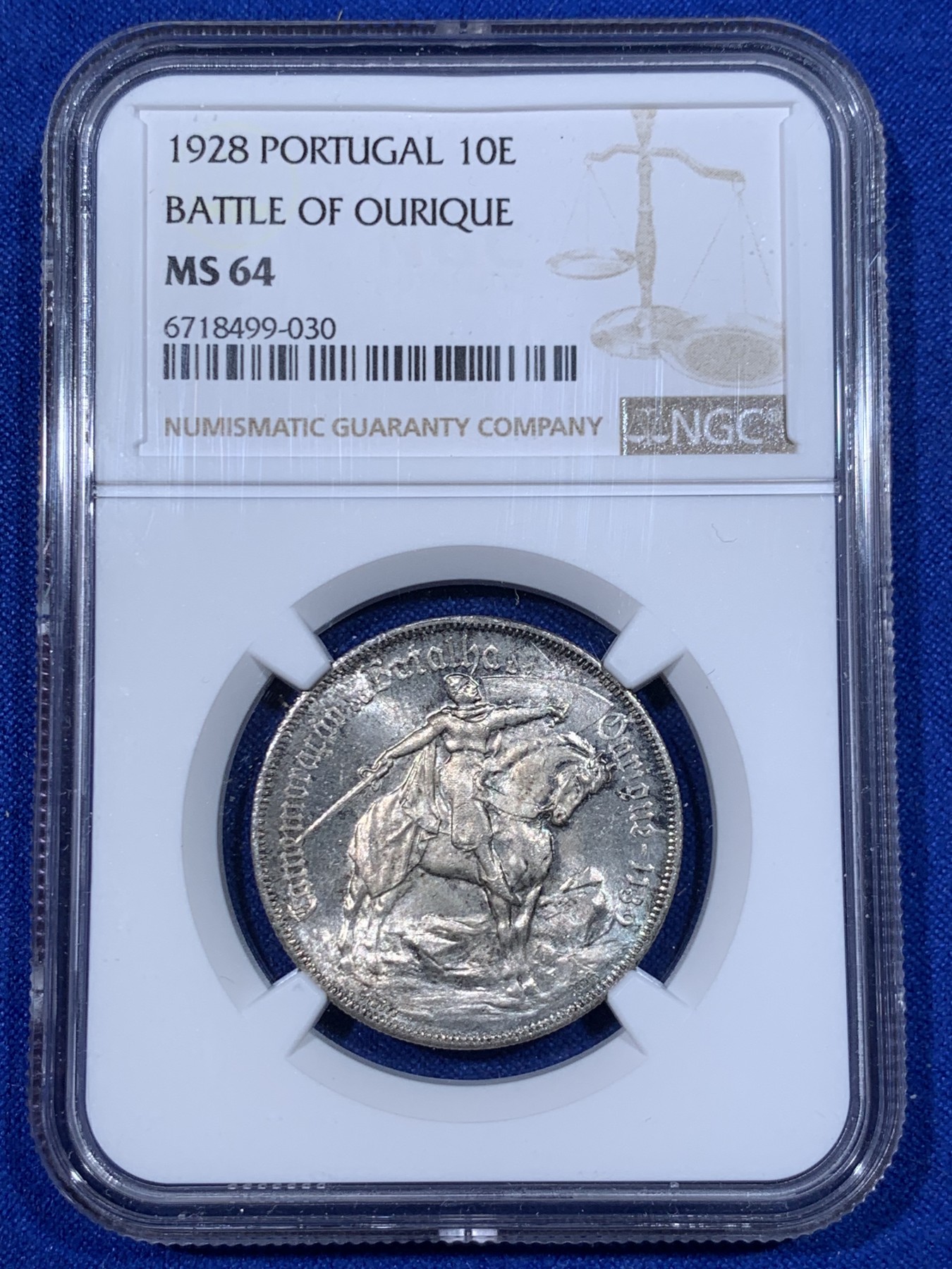 《竞宝斋》第263场-周日，周一 2场连拍 (全场包邮) NGC MS64 葡萄牙1928年奥里基战役10埃斯库多纪念银币，蓝灰色包浆，状态一流