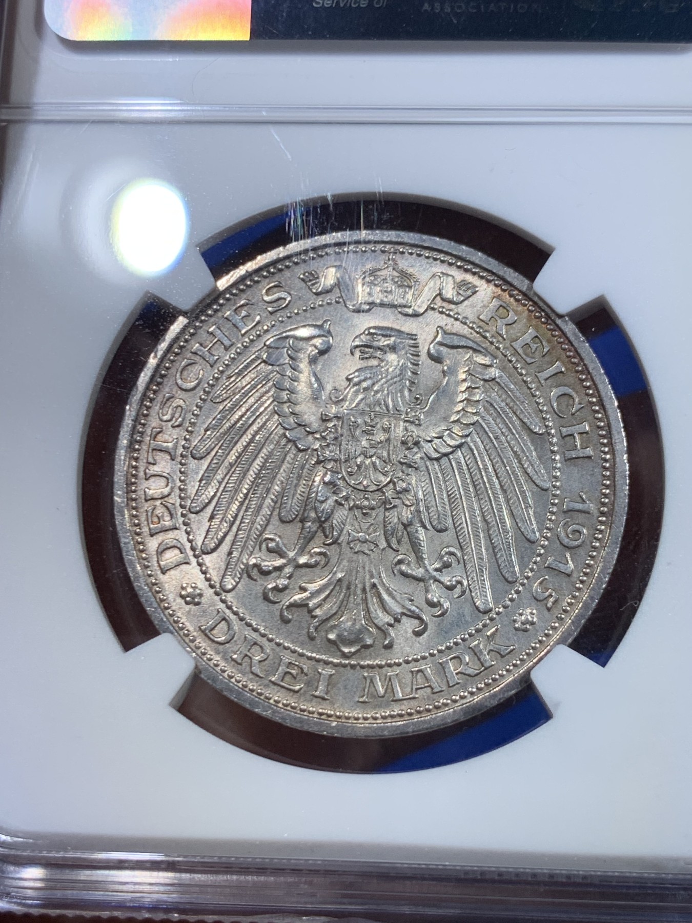 《竞宝斋》第263场-周日，周一 2场连拍 (全场包邮) NGC MS62 1915年德国屠龙3马克银币 纪念曼斯菲尔德并入普鲁士100周年 转光连续 包浆自然 名誉品种