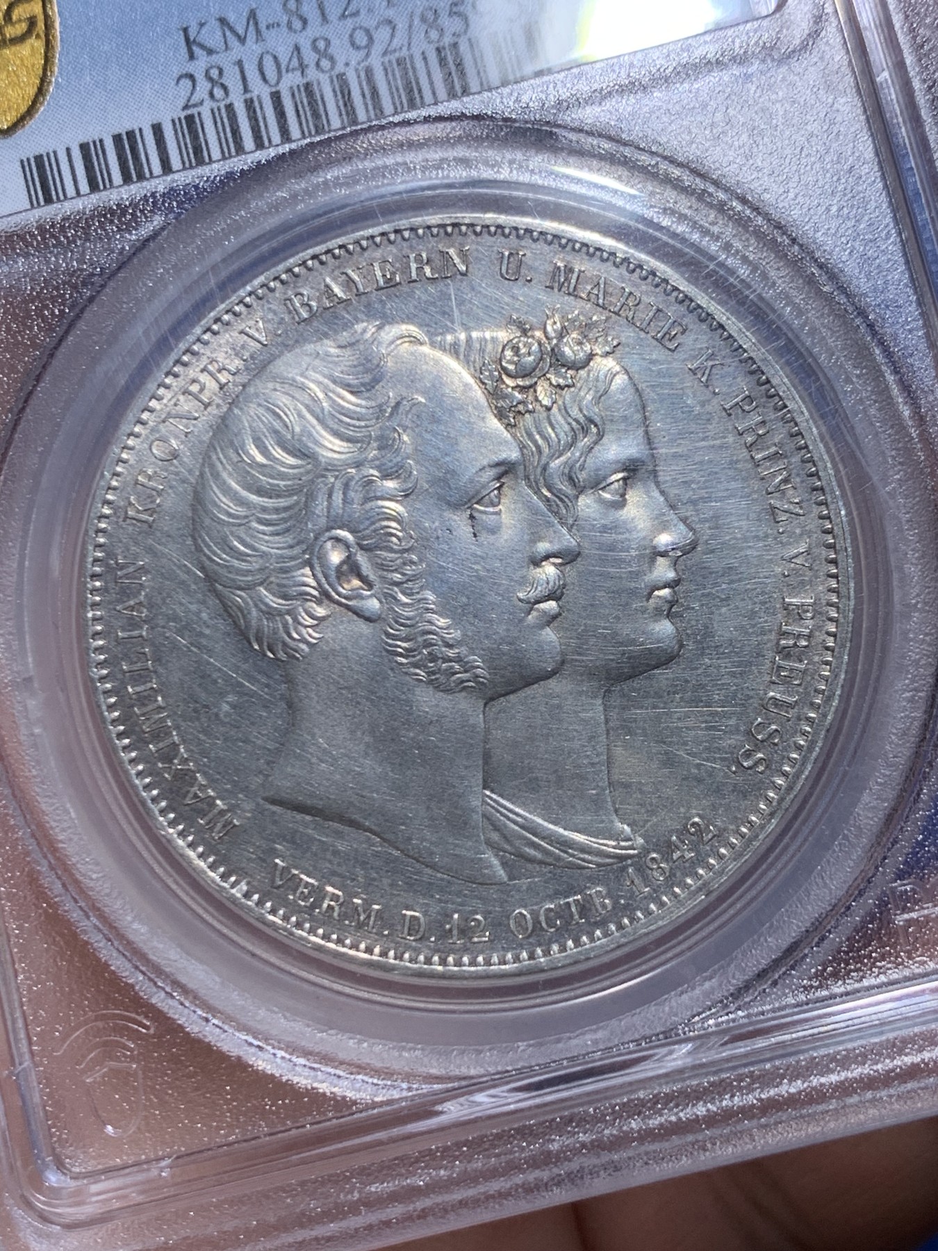 《竞宝斋》第263场-周日，周一 2场连拍 (全场包邮) PCGS UNCD 德国 巴伐利亚王国1842年历史泰勒，大婚纪念2泰勒银币，加厚盒。
