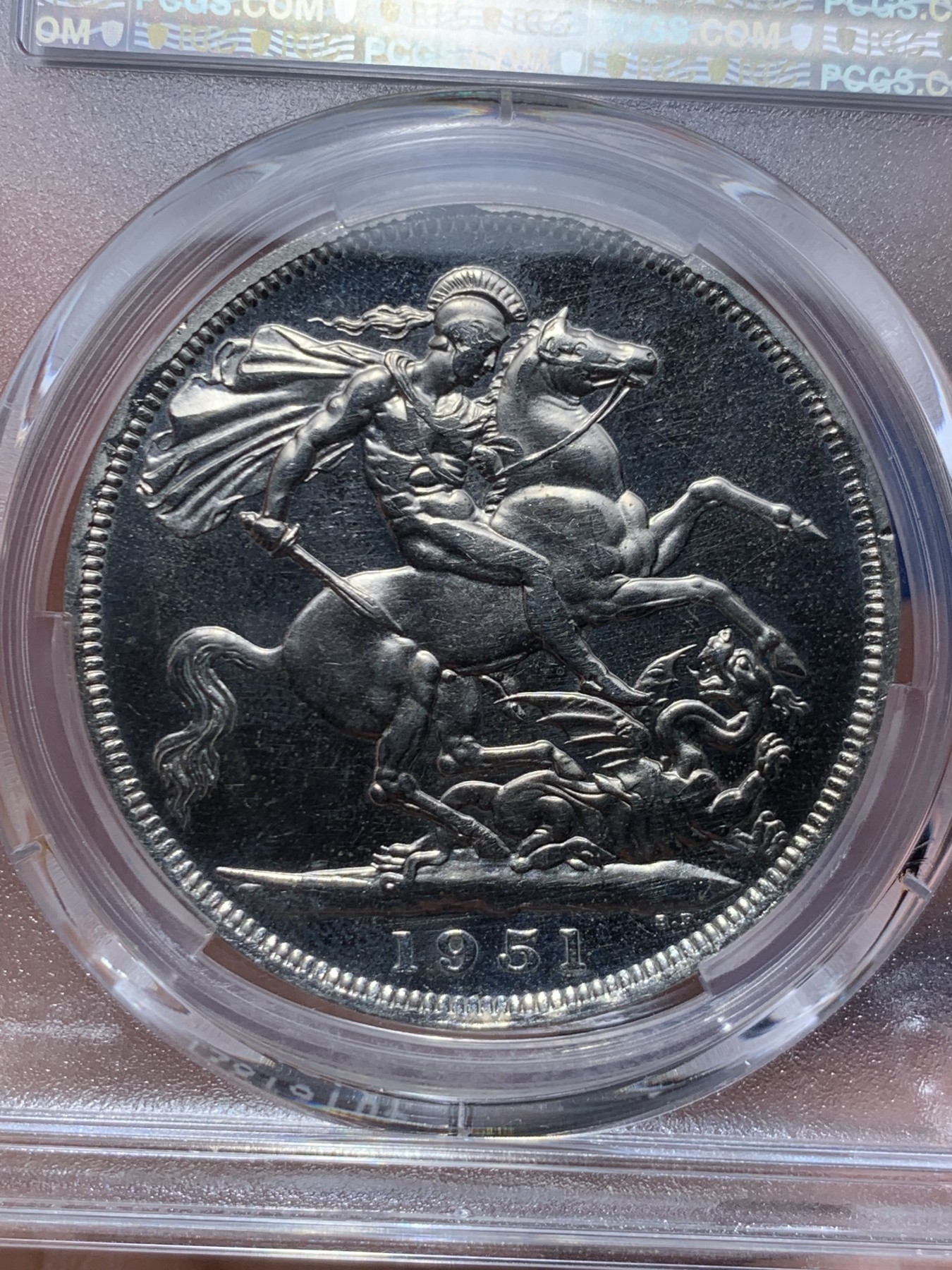 《竞宝斋》第263场-周日，周一 2场连拍 (全场包邮) PCGS PL65 英国1951乔治六世镍马剑 此币P家高分不容易 能评上65的不多 经典马剑的雄风尽在大英
