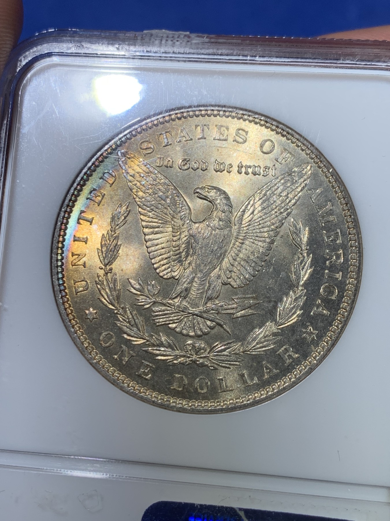 《竞宝斋》第264场-周日，周一 2场连拍 (全场包邮) NGC MS64 美国1888年摩根银币P版，月牙彩非常漂亮，1888吉祥年份吉祥寓意要发发发，N经典小白盒老盒严评无官网图，状态和品质不输现在的65分，市场上比较少见年份版本。