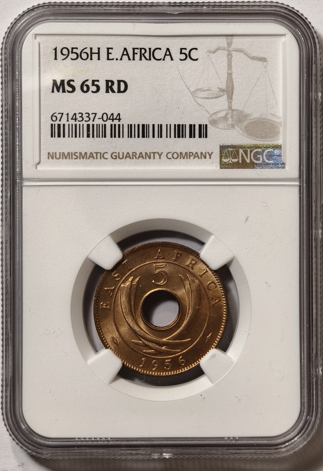 紫瑗钱币——第346期拍卖 英属东非 1956年 H版 伊丽莎白二世 5分 红铜币 NGC MS65 RD