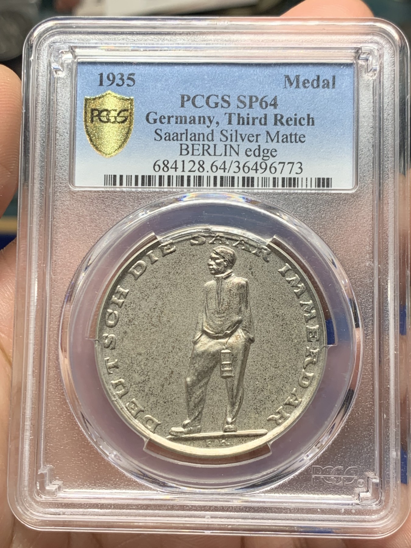 《竞宝斋》第264场-周日，周一 2场连拍 (全场包邮) PCGS SP64 1935年德国萨尔区回归纪念银章 银光充沛 稀少柏林厂边铭