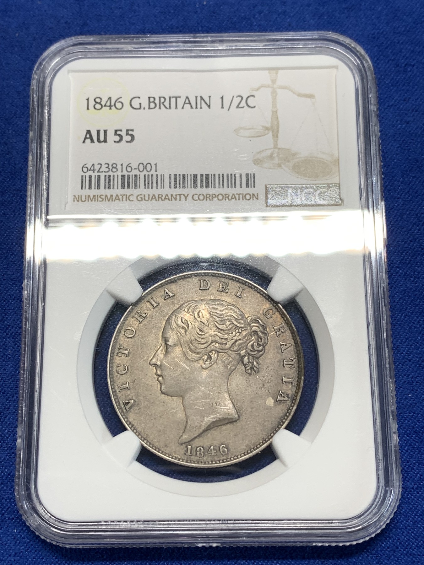 《竞宝斋》第264场-周日，周一 2场连拍 (全场包邮) NGC AU55 英国 1846年 半克朗 青年维多利亚 银币（经典的青年维多利亚头像，难得的好品）