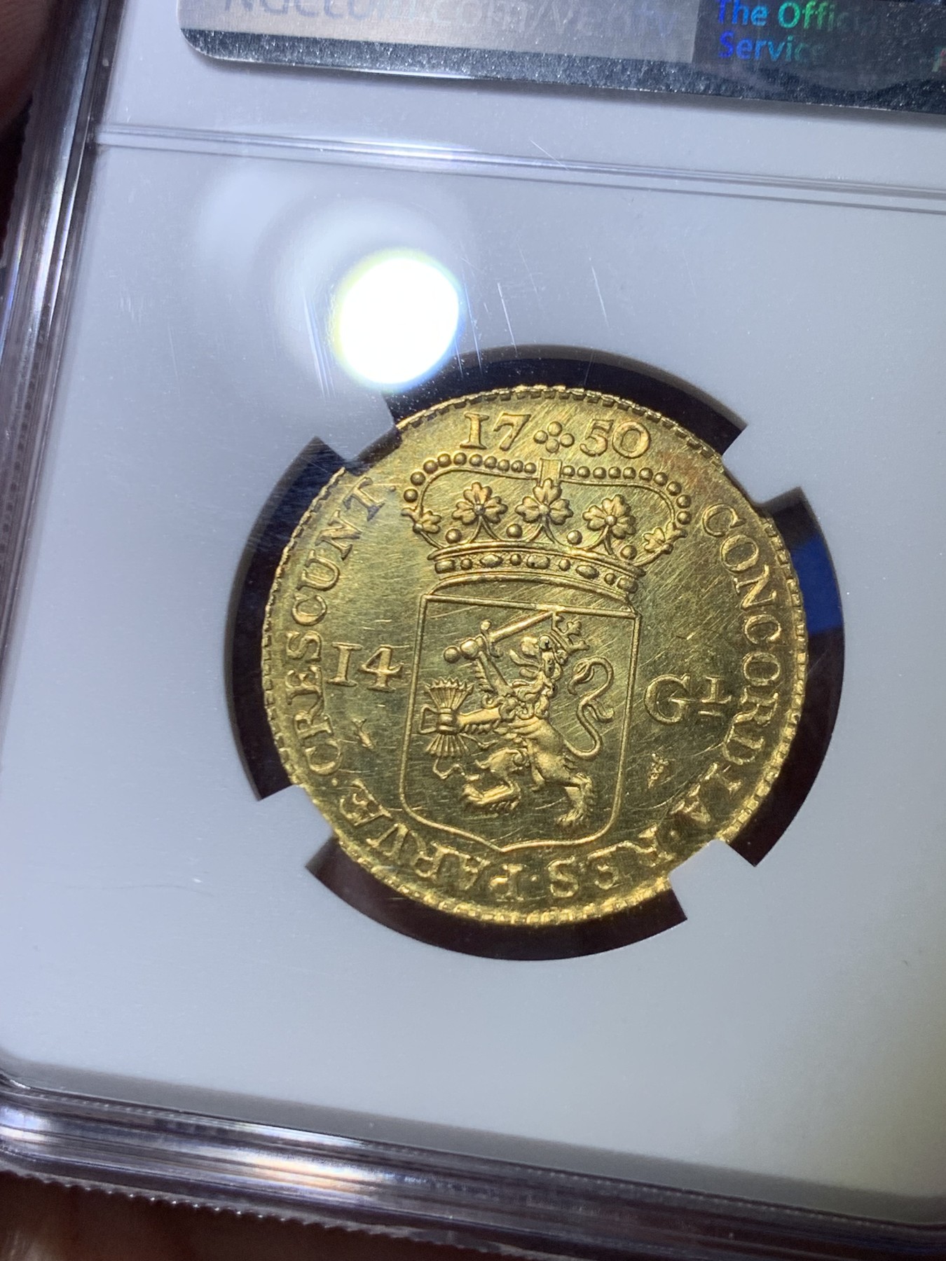 《竞宝斋》第264场-周日，周一 2场连拍 (全场包邮) NGC MS62 荷兰 1750 荷兰省 14盾 马剑金币 10克 920金 精巧细致 1963 后铸版本 资料显示也是该版本唯一的一次后铸