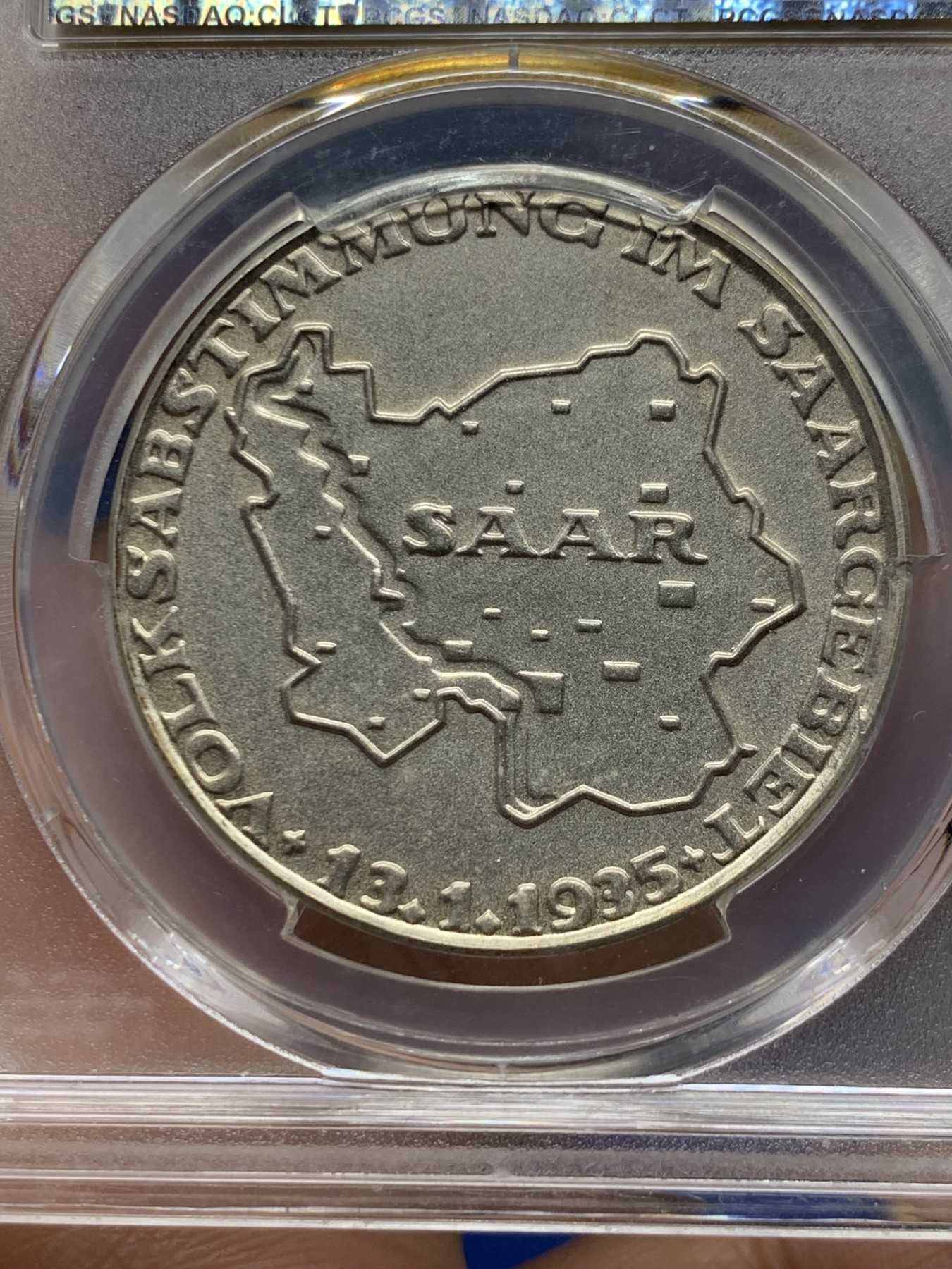 《竞宝斋》第264场-周日，周一 2场连拍 (全场包邮) PCGS SP64 1935年德国萨尔区回归纪念银章 银光充沛 稀少柏林厂边铭