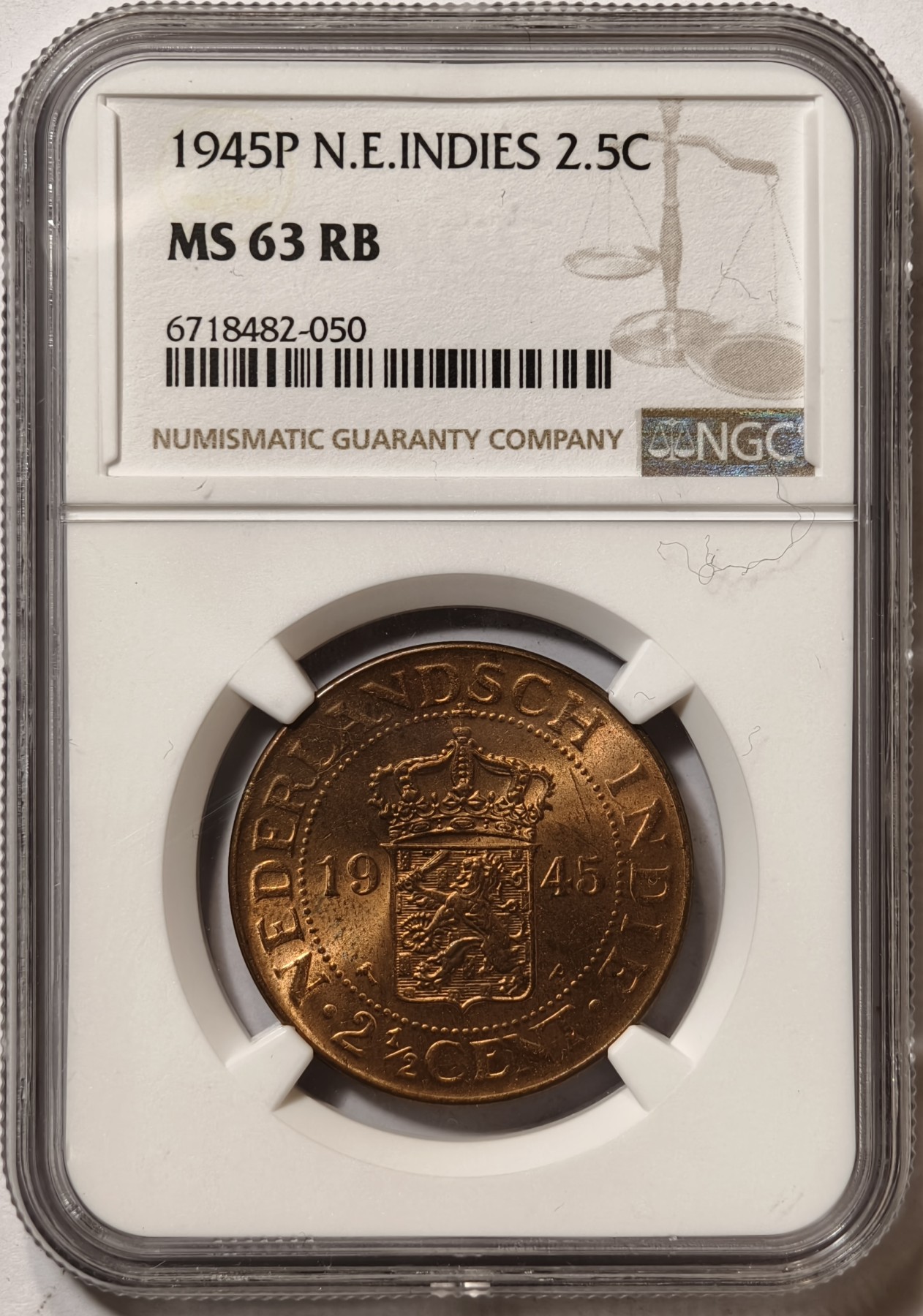 紫瑗钱币——第346期拍卖 荷属东印度 1945年 P版 2.5分 铜币 NGC MS63 RB