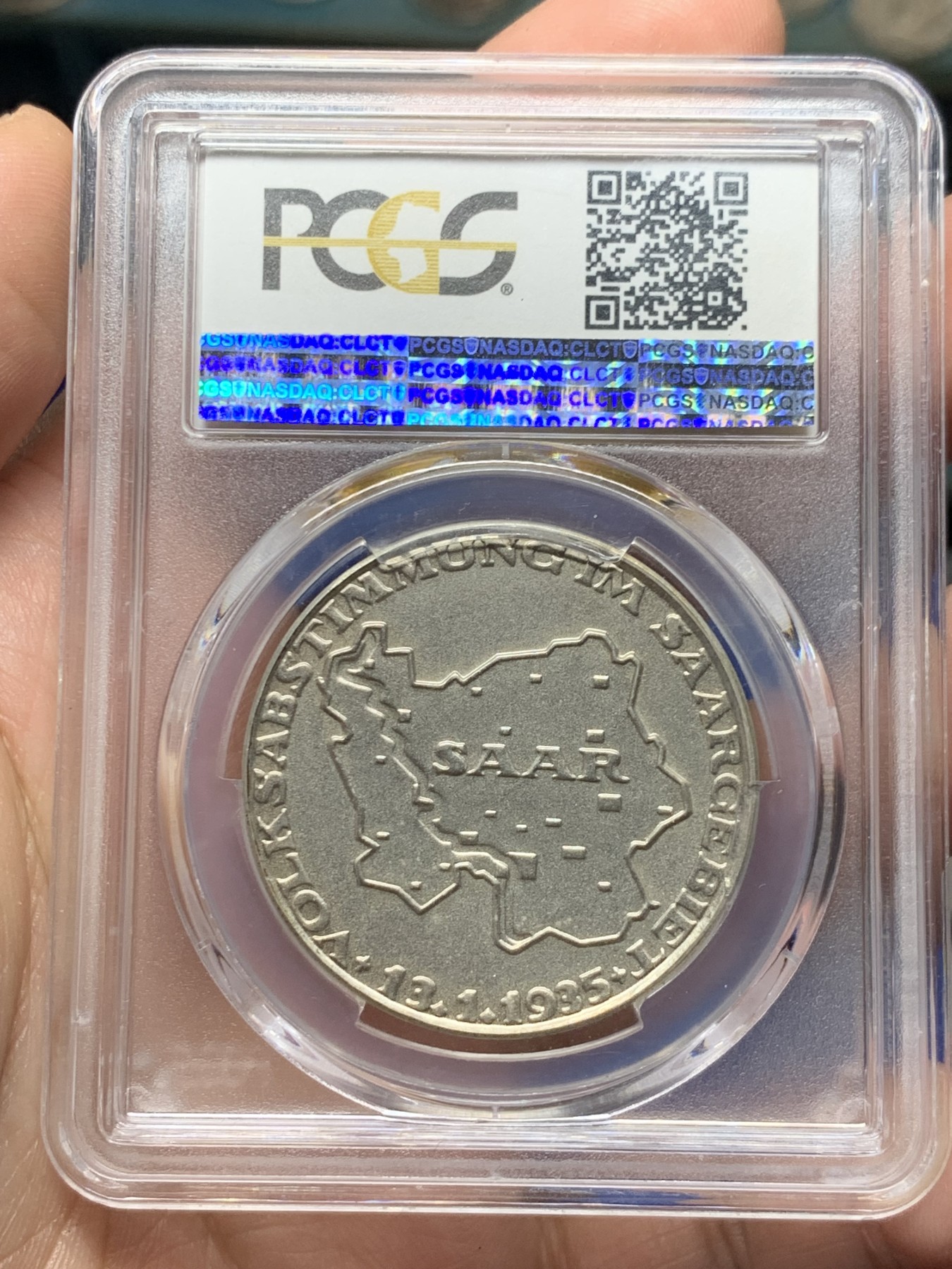 《竞宝斋》第264场-周日，周一 2场连拍 (全场包邮) PCGS SP64 1935年德国萨尔区回归纪念银章 银光充沛 稀少柏林厂边铭