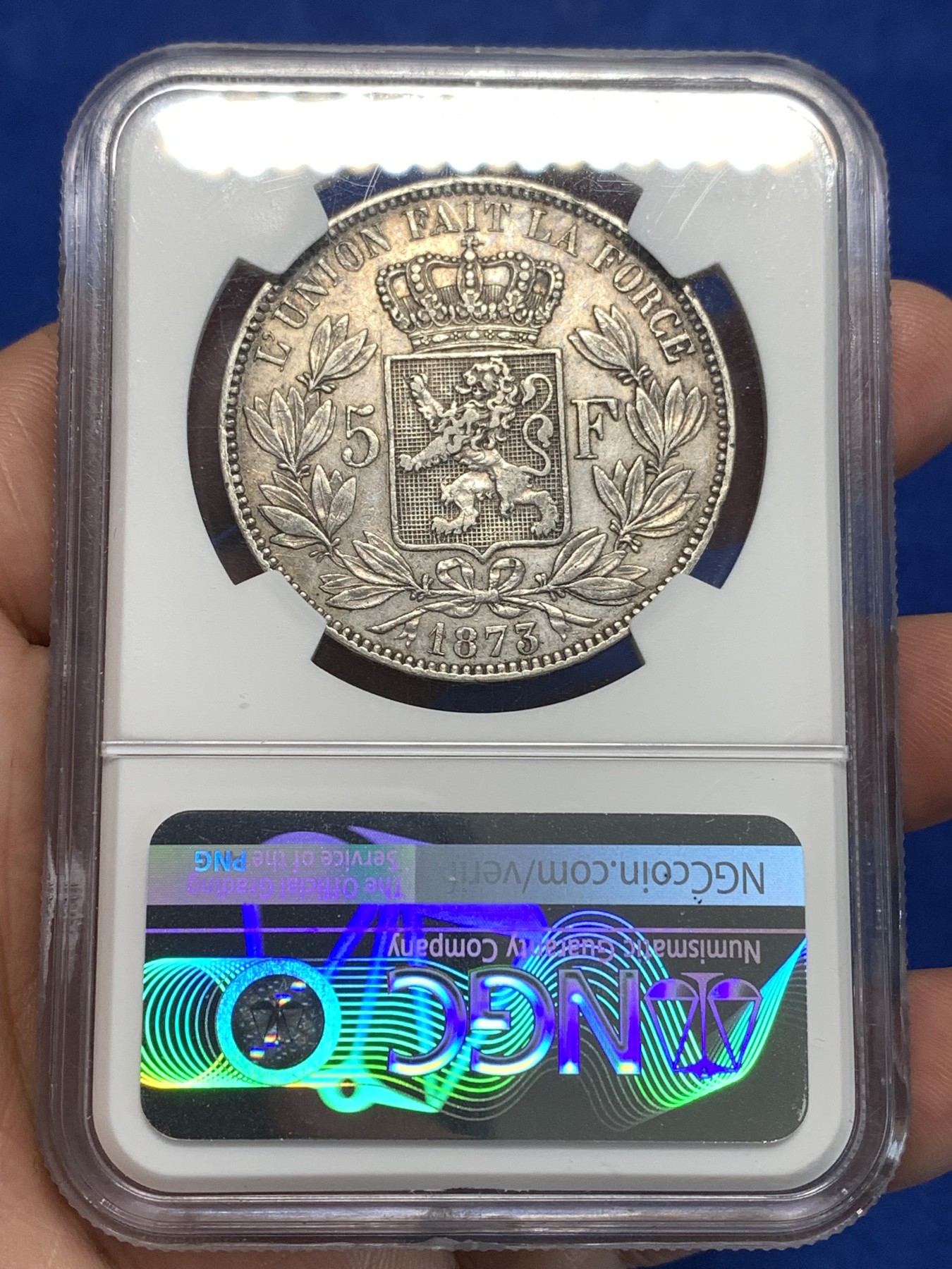 《竞宝斋》第264场-周日，周一 2场连拍 (全场包邮) NGC AUD 比利时 1873年 利奥波德二世 5法郎 大银币