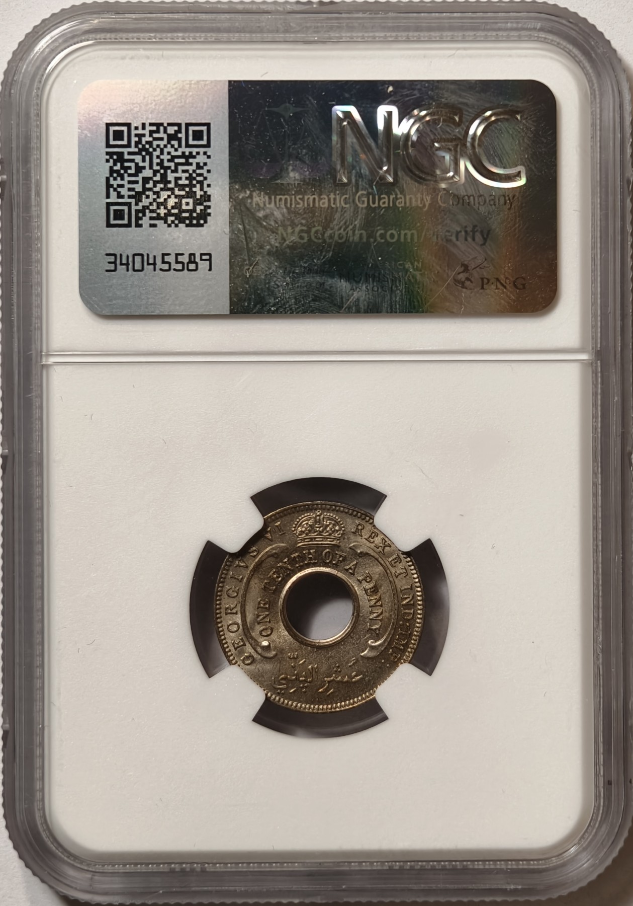 紫瑗钱币——第436期 英属西非 1938年 乔治六世 1/10便士 白铜币 NGC MS64