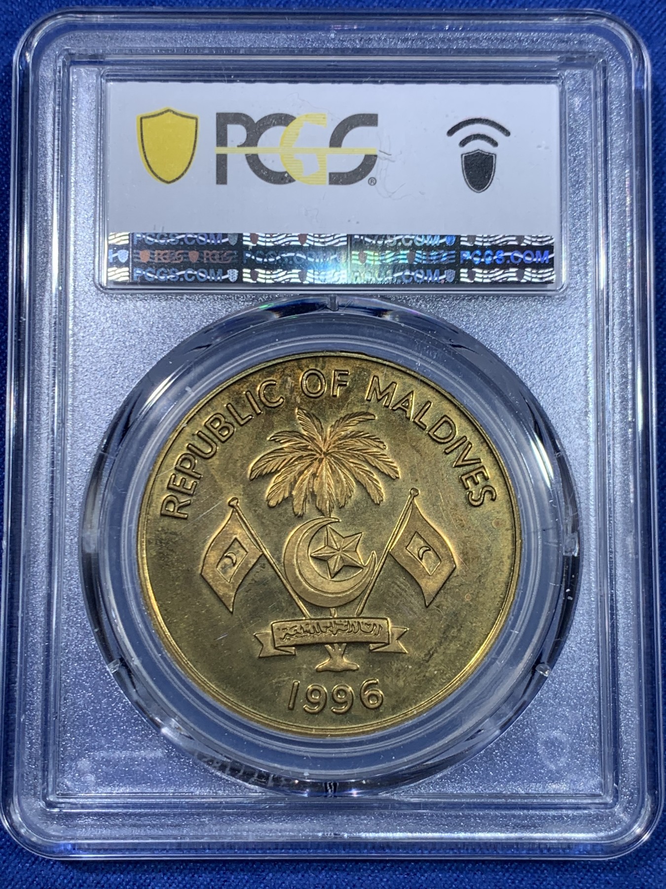 《竞宝斋》第264场-周日，周一 2场连拍 (全场包邮) PCGS金盾 PR65DCAM 马尔代夫珍惜币1996年250拉菲亚精制铜币