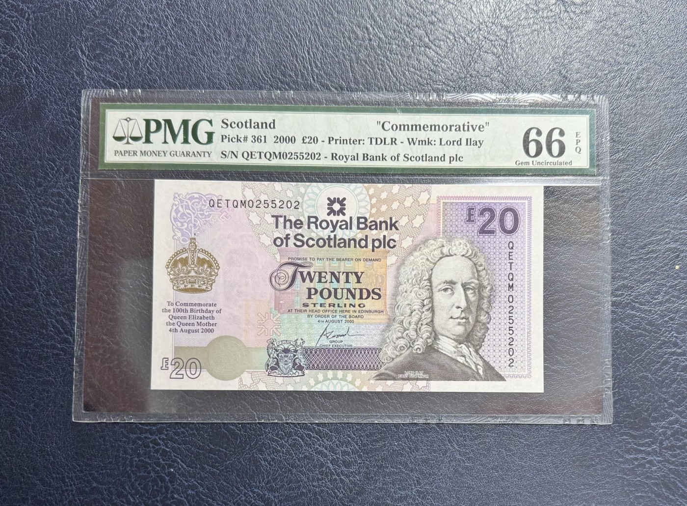 收藏联盟Quantum Auction 第342期拍卖  苏格兰皇家银行2000年20镑王太后纪念钞 PMG66 号码无347