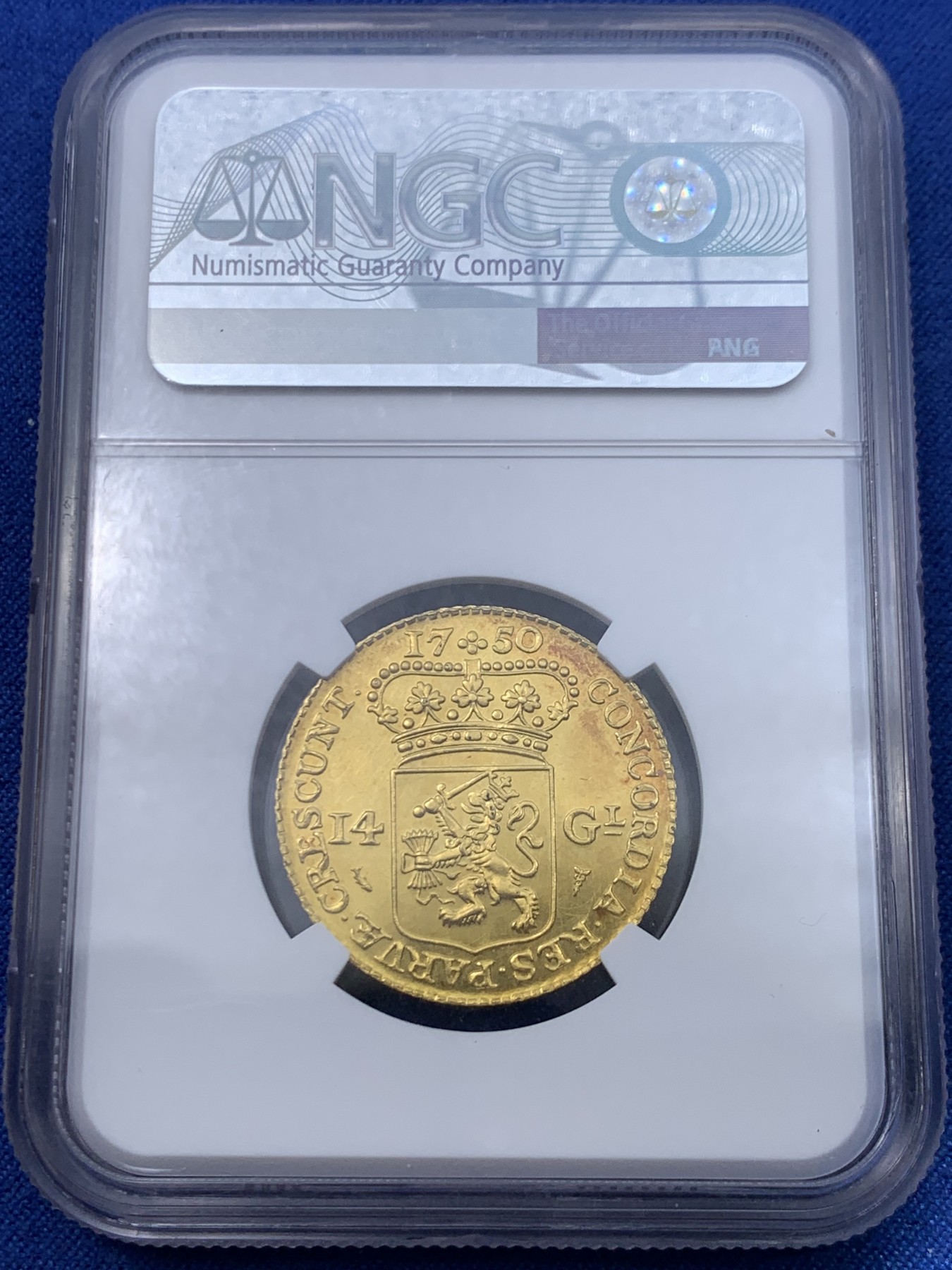 《竞宝斋》第264场-周日，周一 2场连拍 (全场包邮) NGC MS62 荷兰 1750 荷兰省 14盾 马剑金币 10克 920金 精巧细致 1963 后铸版本 资料显示也是该版本唯一的一次后铸