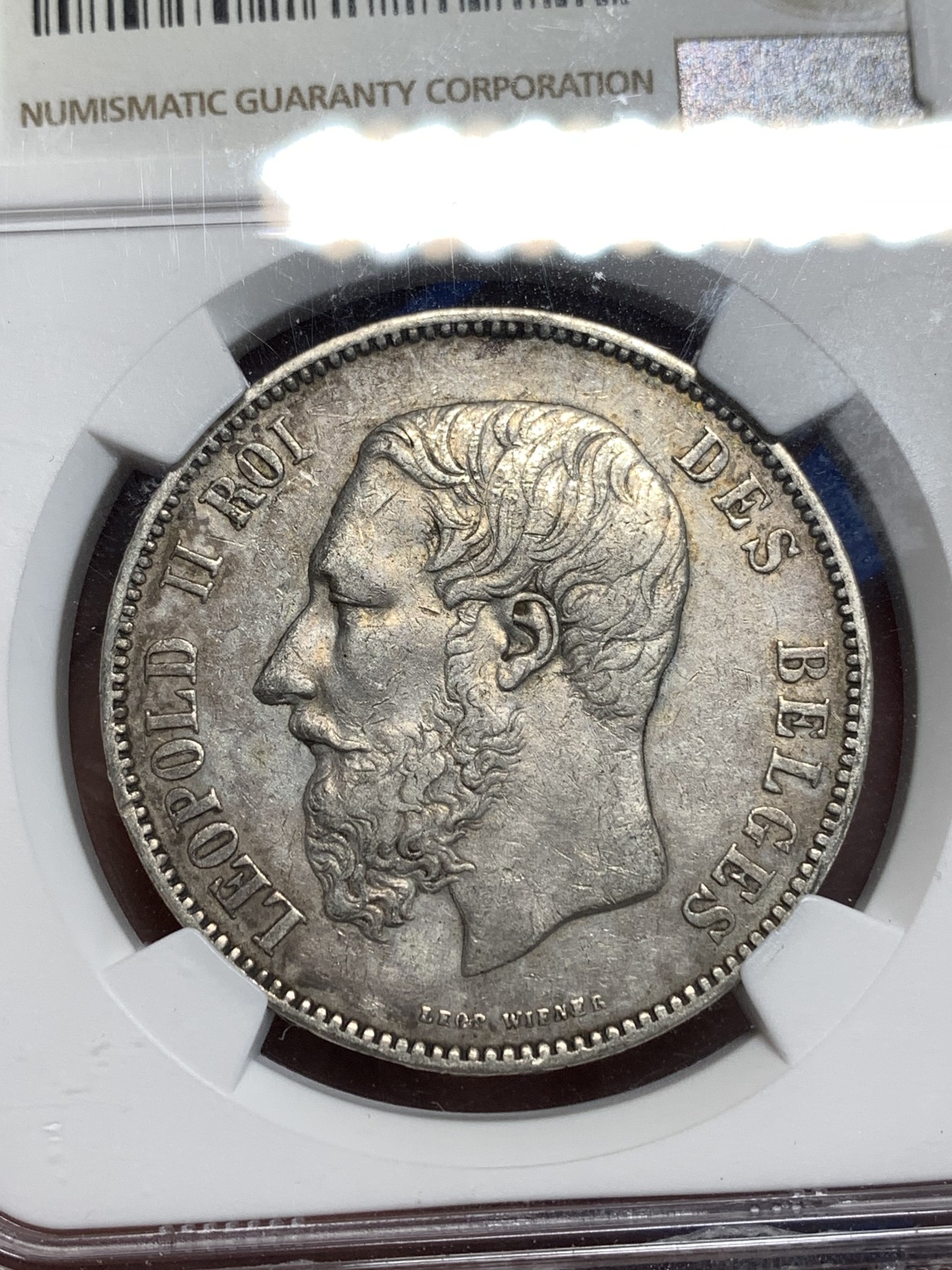 《竞宝斋》第264场-周日，周一 2场连拍 (全场包邮) NGC AUD 比利时 1873年 利奥波德二世 5法郎 大银币