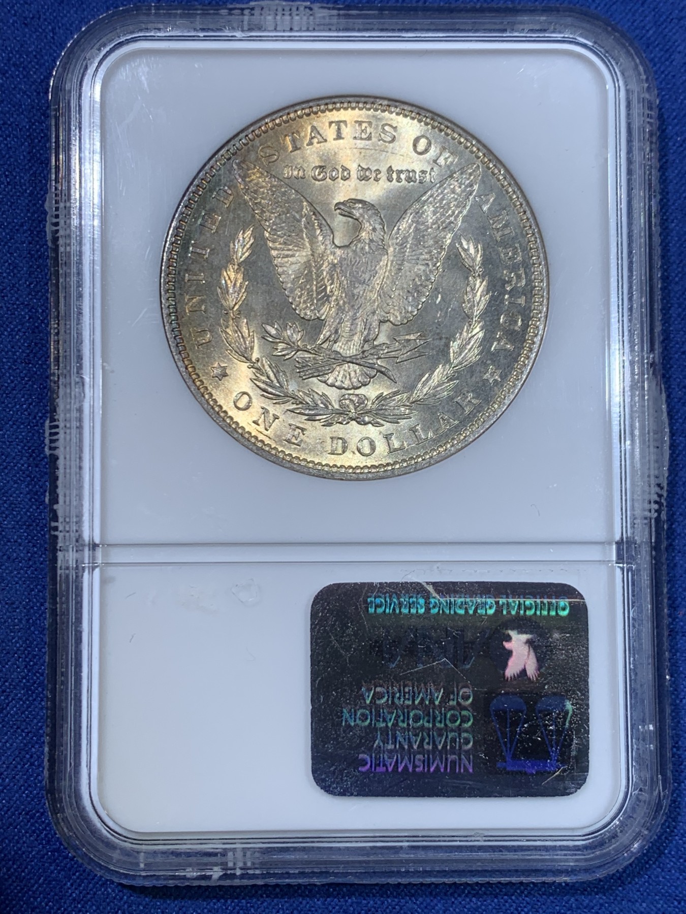 《竞宝斋》第264场-周日，周一 2场连拍 (全场包邮) NGC MS64 美国1888年摩根银币P版，月牙彩非常漂亮，1888吉祥年份吉祥寓意要发发发，N经典小白盒老盒严评无官网图，状态和品质不输现在的65分，市场上比较少见年份版本。