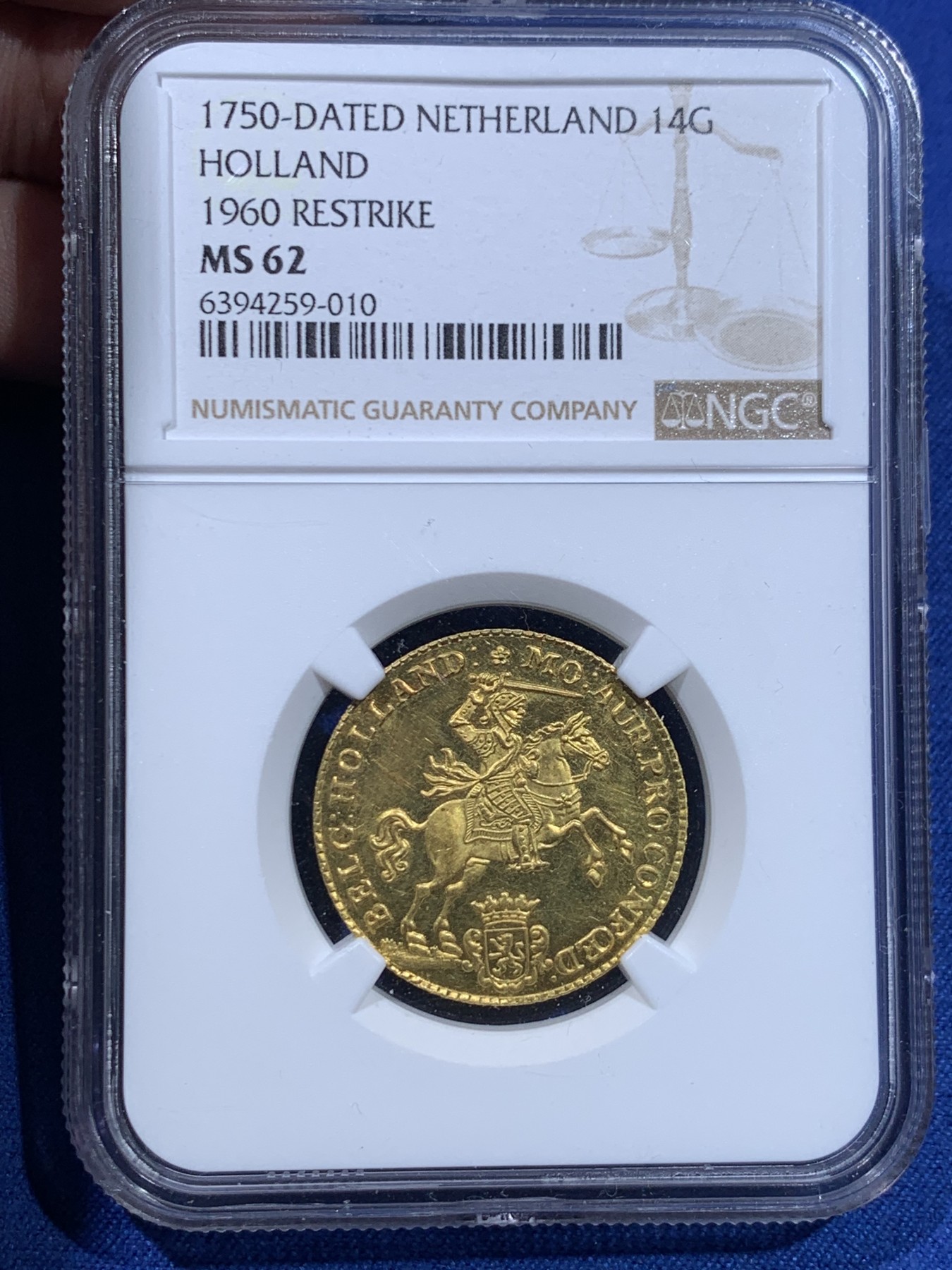 《竞宝斋》第264场-周日，周一 2场连拍 (全场包邮) NGC MS62 荷兰 1750 荷兰省 14盾 马剑金币 10克 920金 精巧细致 1963 后铸版本 资料显示也是该版本唯一的一次后铸