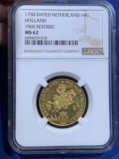 《竞宝斋》第264场-周日，周一 2场连拍 (全场包邮) - NGC MS62 荷兰 1750 荷兰省 14盾 马剑金币 10克 920金 精巧细致 1963 后铸版本 资料显示也是该版本唯一的一次后铸