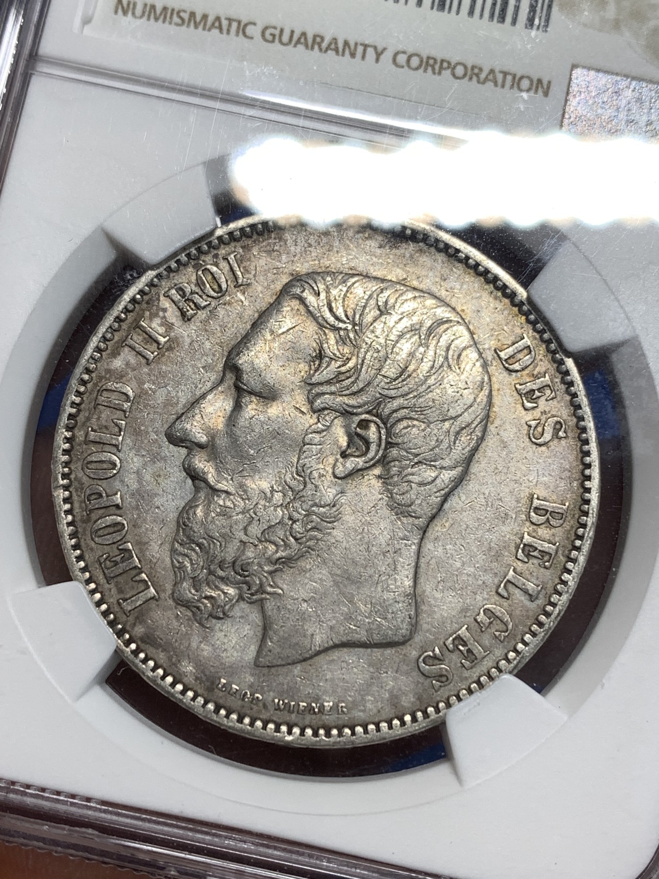 《竞宝斋》第264场-周日，周一 2场连拍 (全场包邮) NGC AUD 比利时 1873年 利奥波德二世 5法郎 大银币