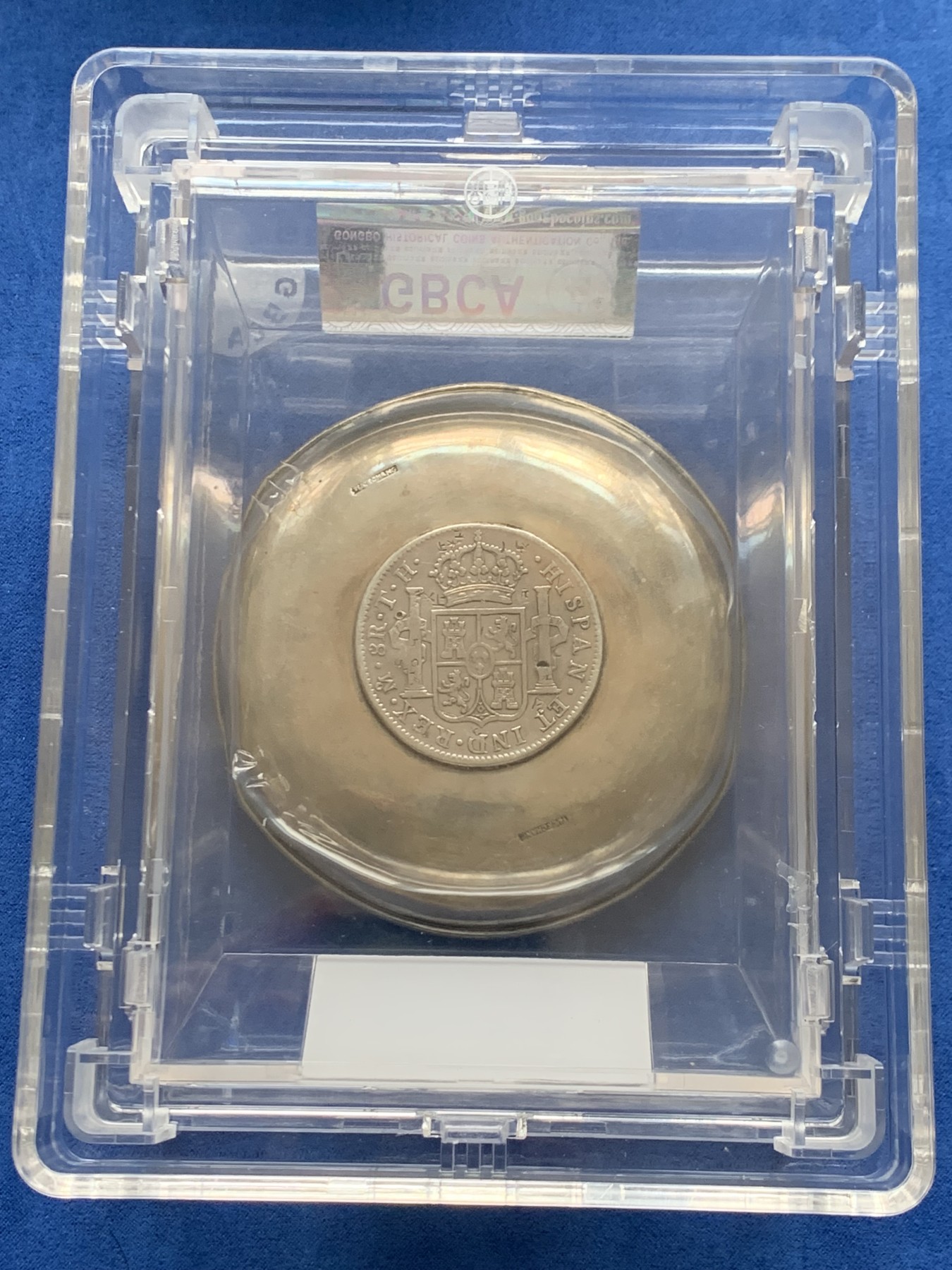 《竞宝斋》第264场-周日，周一 2场连拍 (全场包邮) 公博 美80 民国嵌银币银盘 67克 93MM 1805的地球双柱 8R 中西艺术结合的摆设作品 盒子非常大气 适合摆放