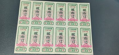 票证拍场    都是整版或者联票 江苏省布票12联张，1976年，面值贰市寸