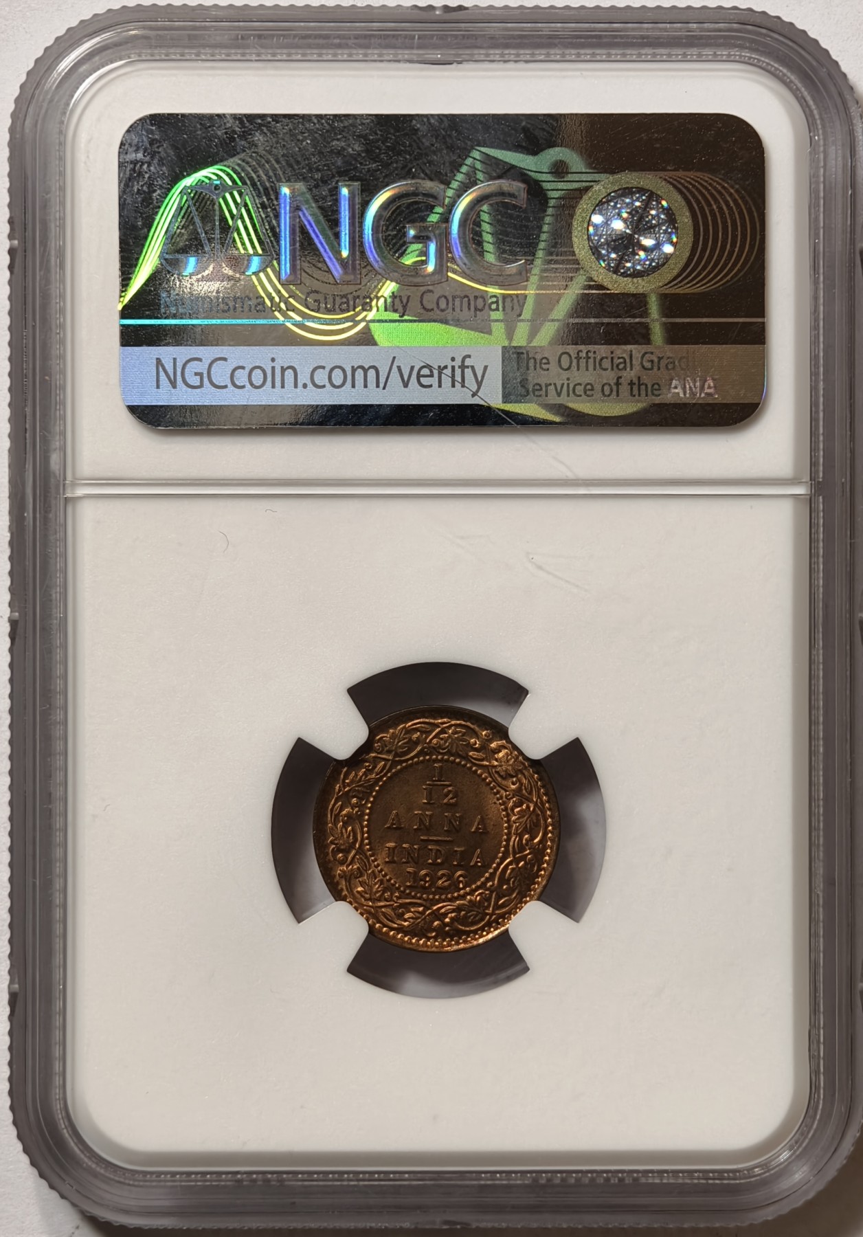 紫瑗钱币——第458期 英属印度 1926年 B版 乔治五世 1/12安娜 铜币 NGC MS65 RB