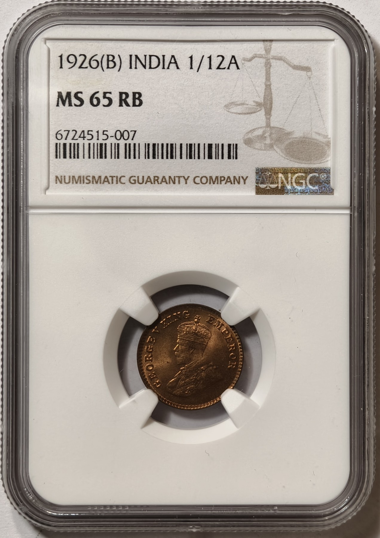 紫瑗钱币——第458期 英属印度 1926年 B版 乔治五世 1/12安娜 铜币 NGC MS65 RB