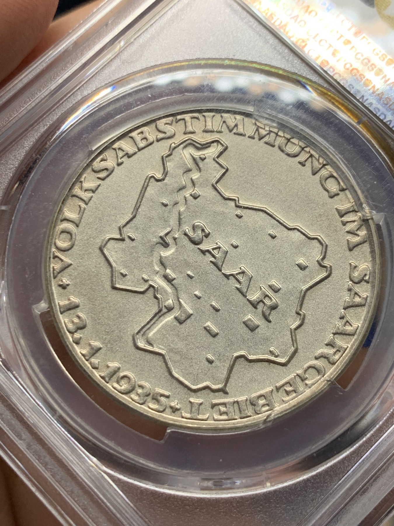 《竞宝斋》第264场-周日，周一 2场连拍 (全场包邮) PCGS SP64 1935年德国萨尔区回归纪念银章 银光充沛 稀少柏林厂边铭