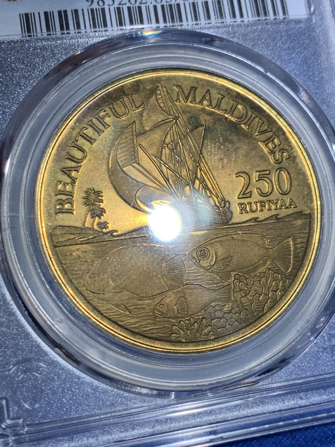 《竞宝斋》第264场-周日，周一 2场连拍 (全场包邮) PCGS金盾 PR65DCAM 马尔代夫珍惜币1996年250拉菲亚精制铜币