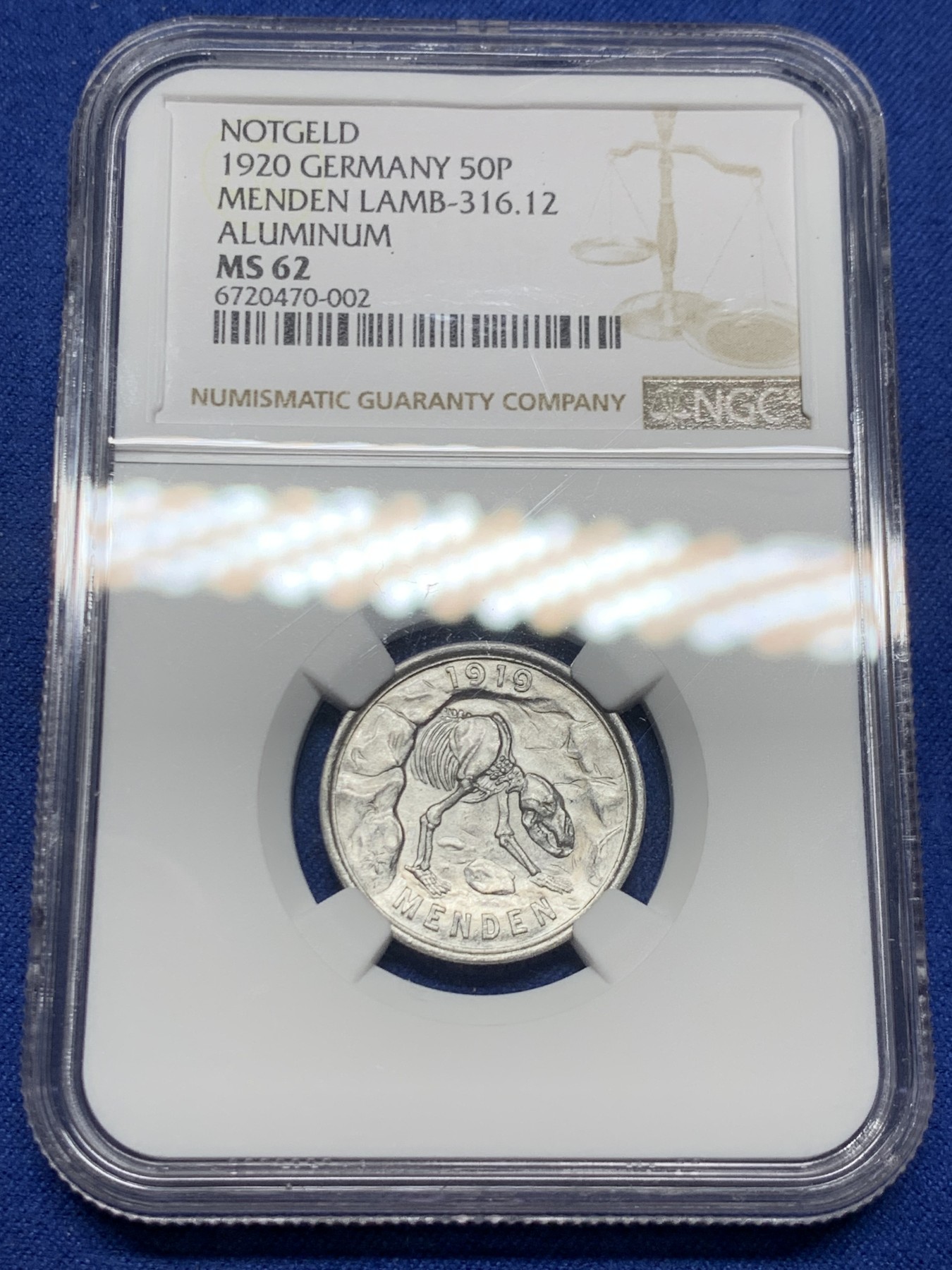 《竞宝斋》第264场-周日，周一 2场连拍 (全场包邮) NGC MS62 德国1920年经典洞熊50芬尼 低评状态