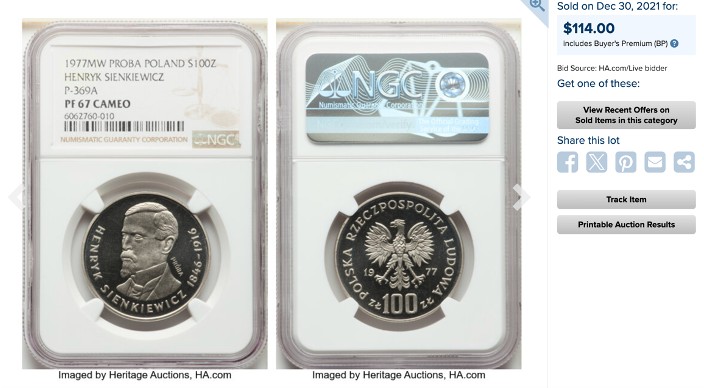 《竞宝斋》第263场-周日，周一 2场连拍 (全场包邮) PCGS PR68DCAM 少见！1977 波兰 PROBA样币 亨利克·显克维支纪念 PR68DCAM绝对高分！67分HA成交114美金