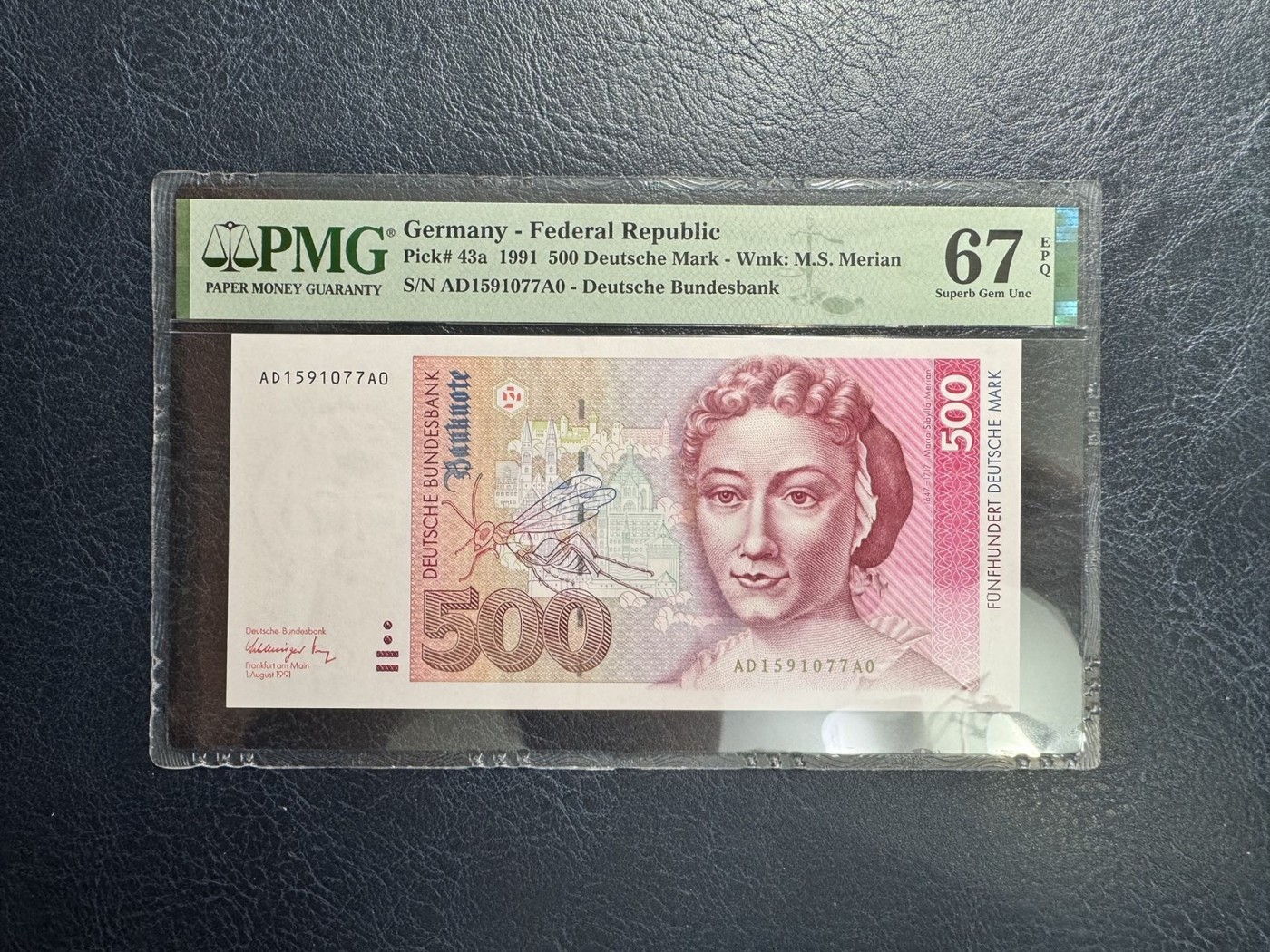 收藏联盟Quantum Auction 第342期拍卖  德国联邦1991年500马克 PMG67 号码无4  昆虫专家和画家 自然主义者梅里安